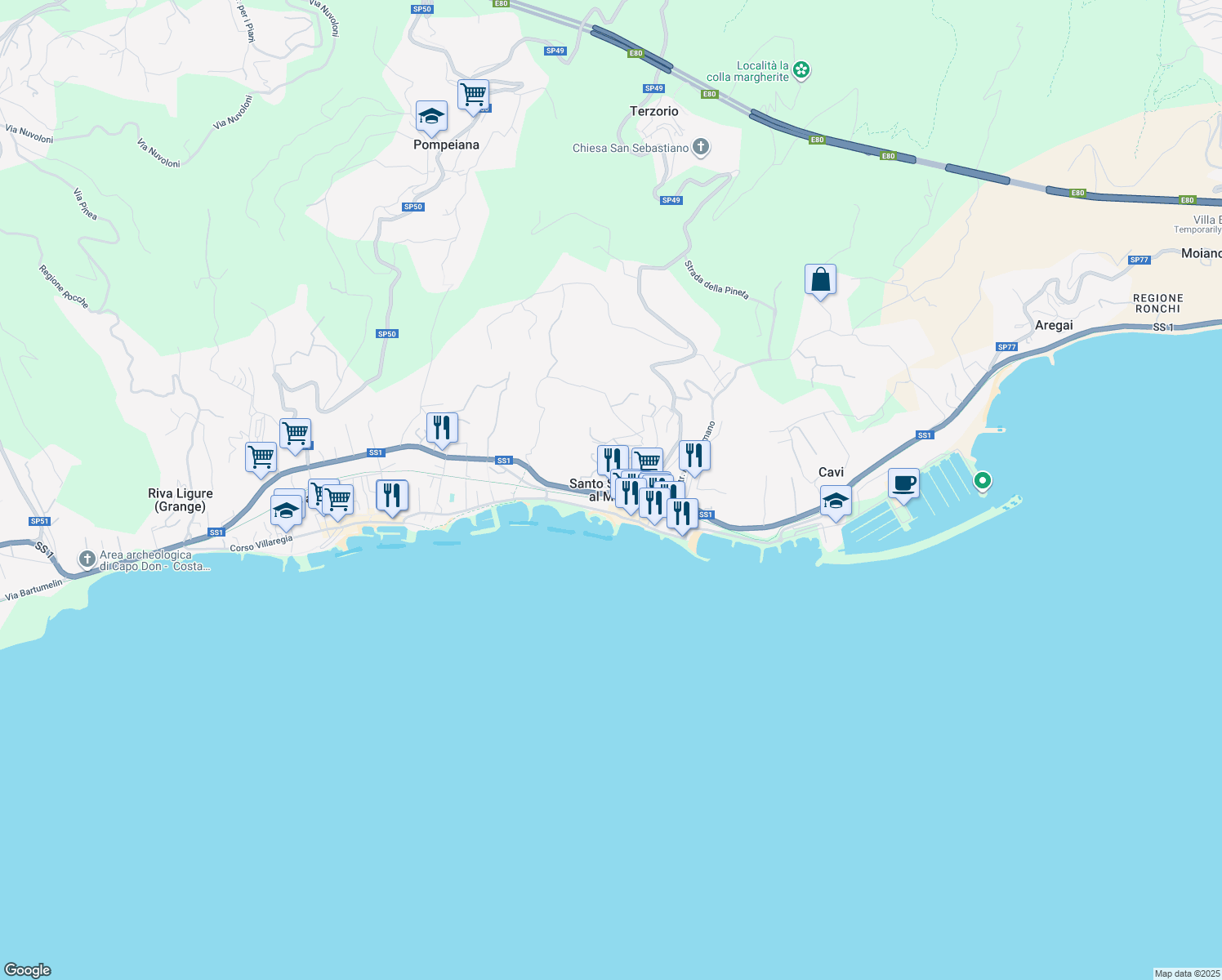 map of restaurants, bars, coffee shops, grocery stores, and more near in Santo Stefano al Mare