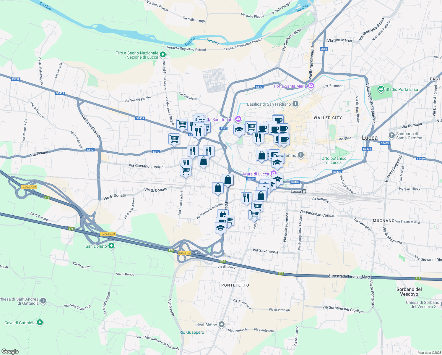 map of restaurants, bars, coffee shops, grocery stores, and more near in Lucca