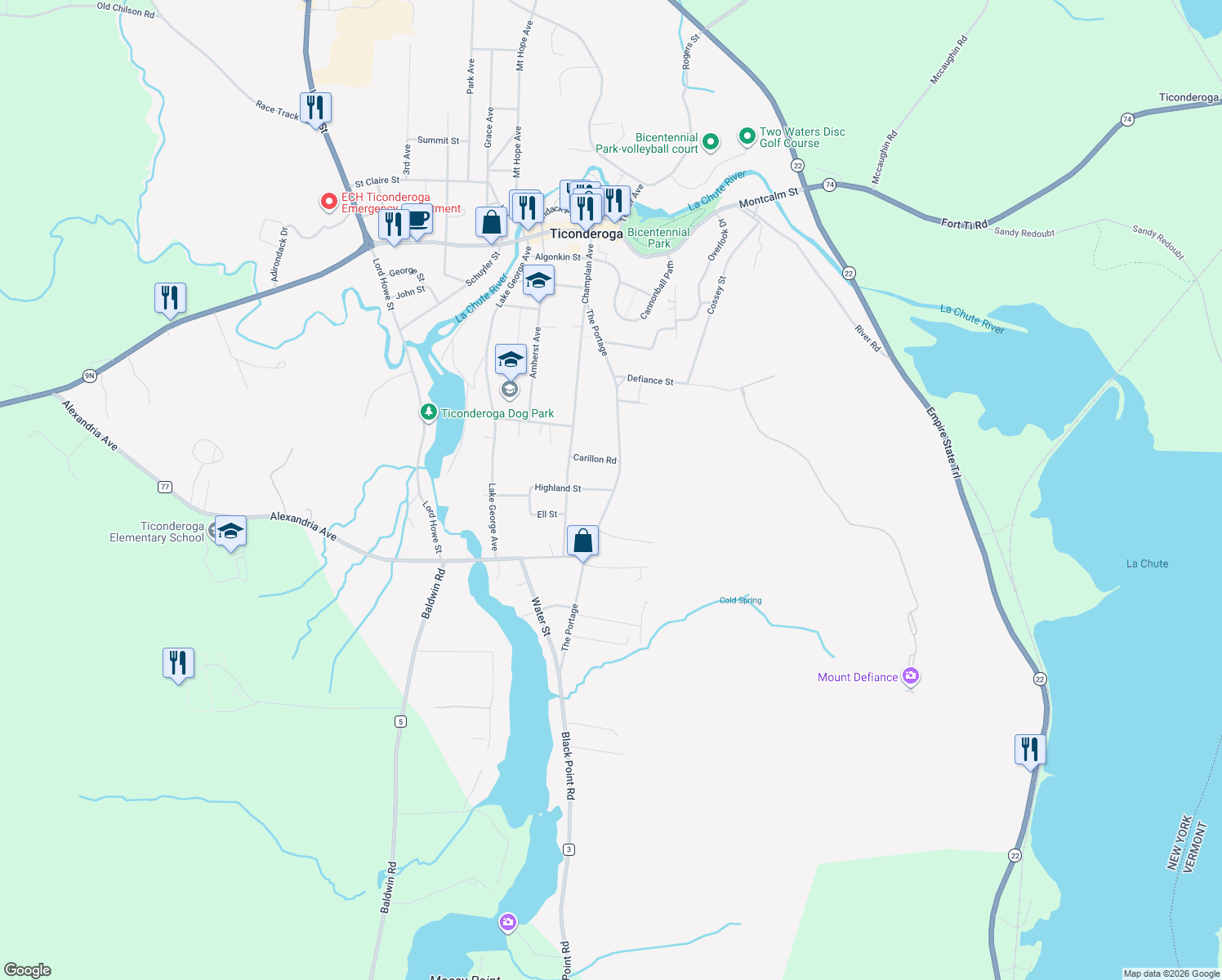 map of restaurants, bars, coffee shops, grocery stores, and more near 17 E Putnam St in Ticonderoga