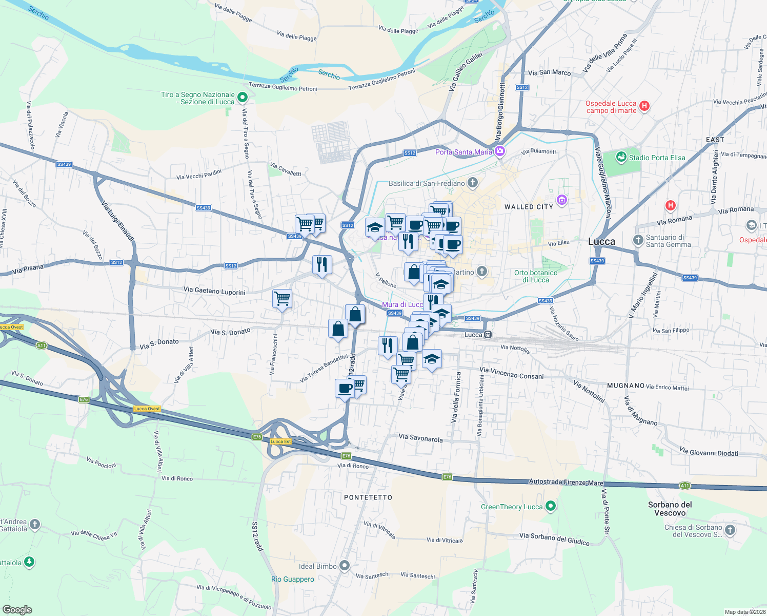 map of restaurants, bars, coffee shops, grocery stores, and more near 343 Viale Giosuè Carducci in Lucca