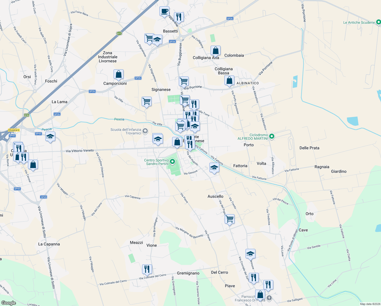 map of restaurants, bars, coffee shops, grocery stores, and more near 2 Piazza Magrini in Ponte Buggianese