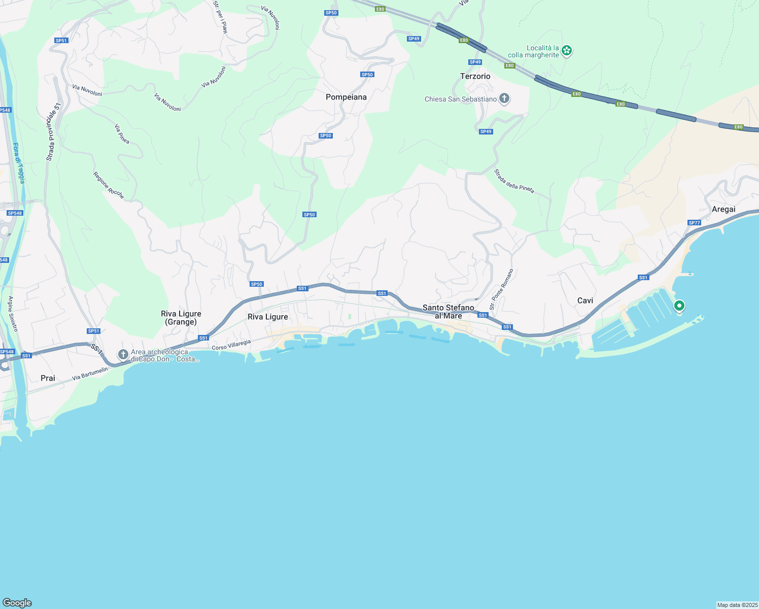map of restaurants, bars, coffee shops, grocery stores, and more near 19 Via Cardinale Meglia in Santo Stefano al Mare