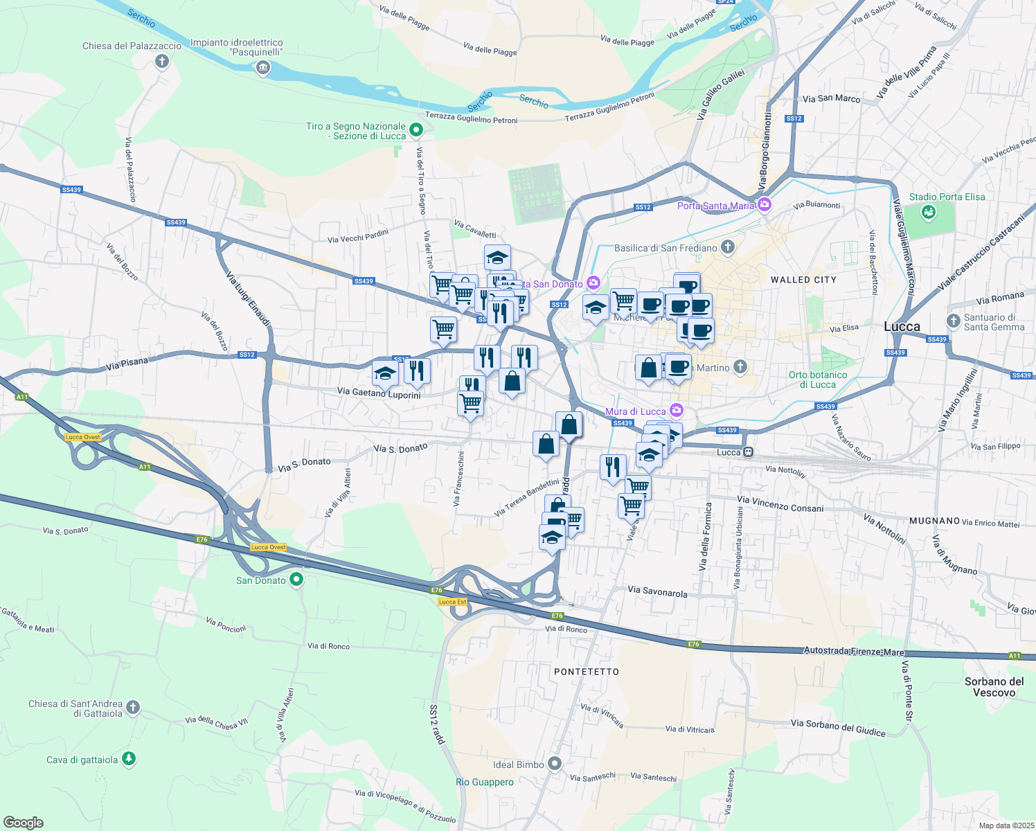 map of restaurants, bars, coffee shops, grocery stores, and more near Via Parenti in Lucca
