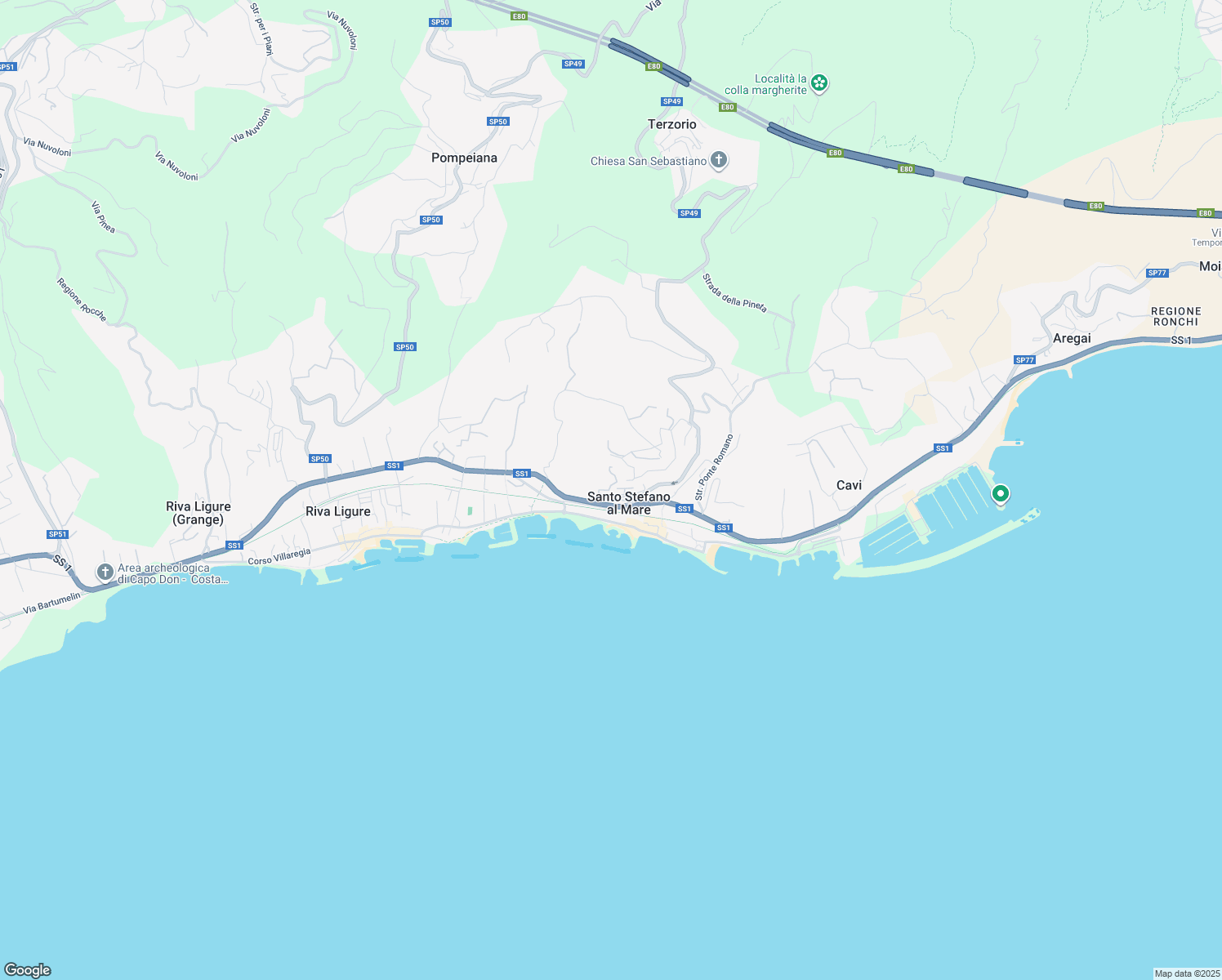 map of restaurants, bars, coffee shops, grocery stores, and more near 13 Via Giardini in Santo Stefano al Mare