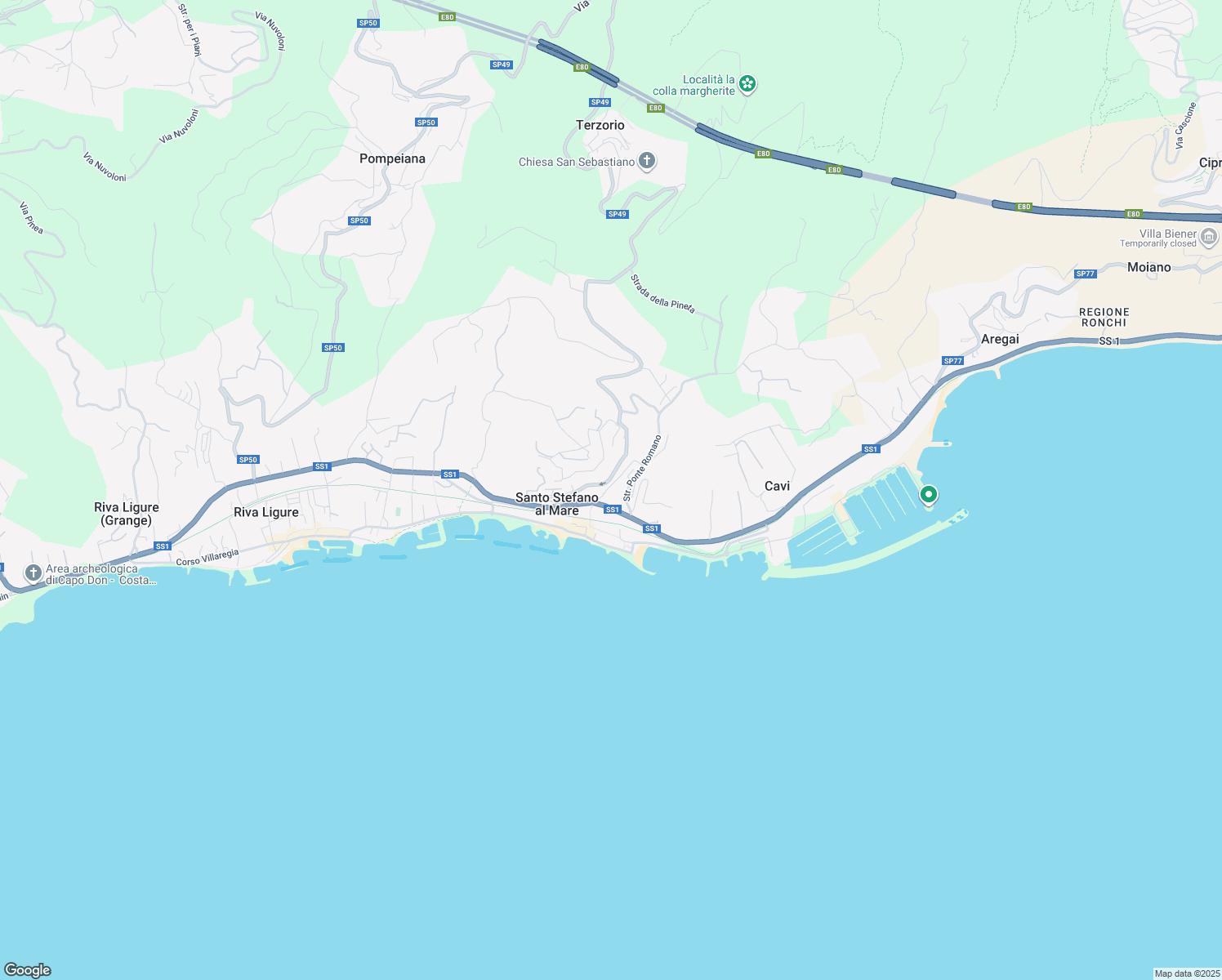 map of restaurants, bars, coffee shops, grocery stores, and more near 1 Strada Ponte Romano in Santo Stefano Al Mare