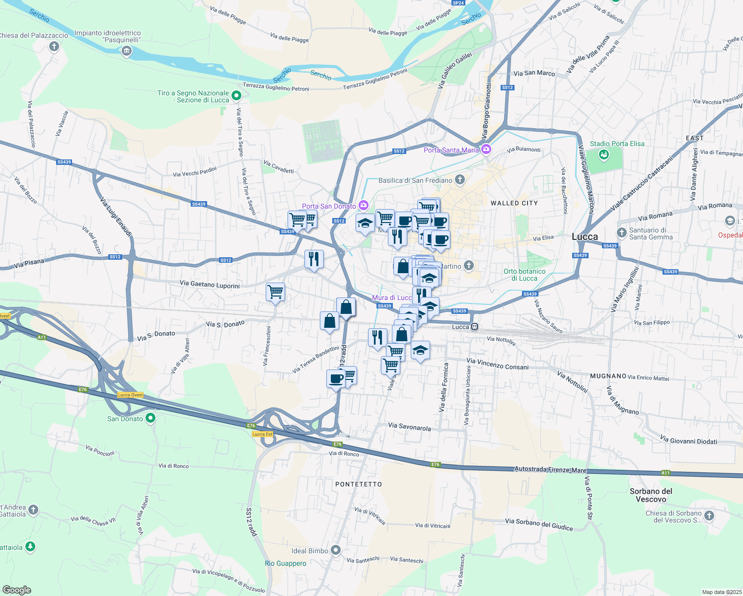 map of restaurants, bars, coffee shops, grocery stores, and more near 343 Viale Giosuè Carducci in Lucca