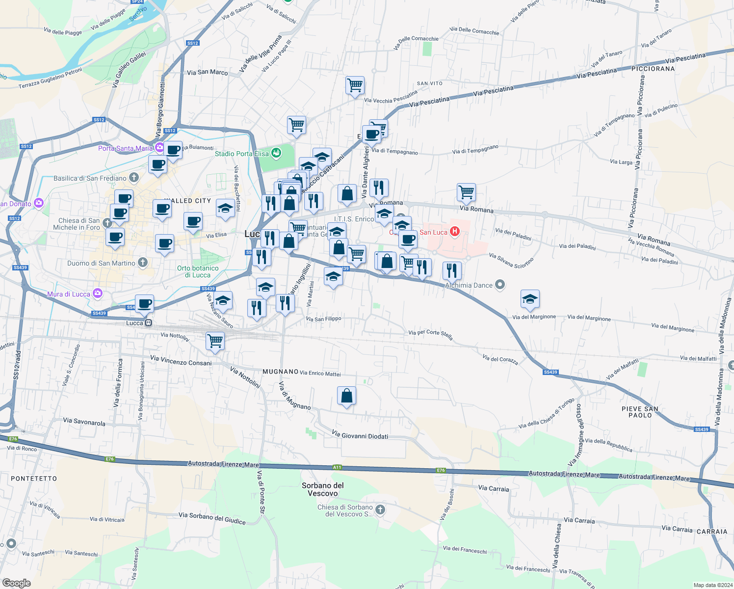 map of restaurants, bars, coffee shops, grocery stores, and more near 504 Via San Filippo in San Filippo