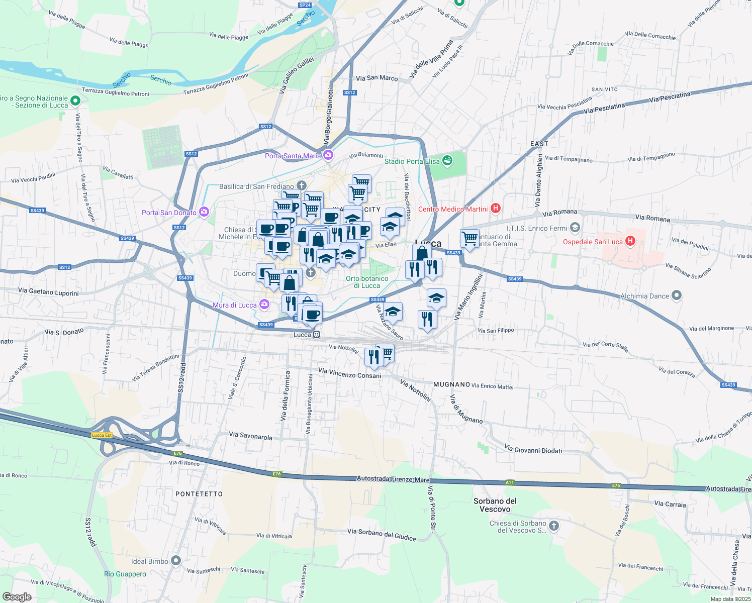 map of restaurants, bars, coffee shops, grocery stores, and more near 118 Via Nazario Sauro in San Concordio di Moriano