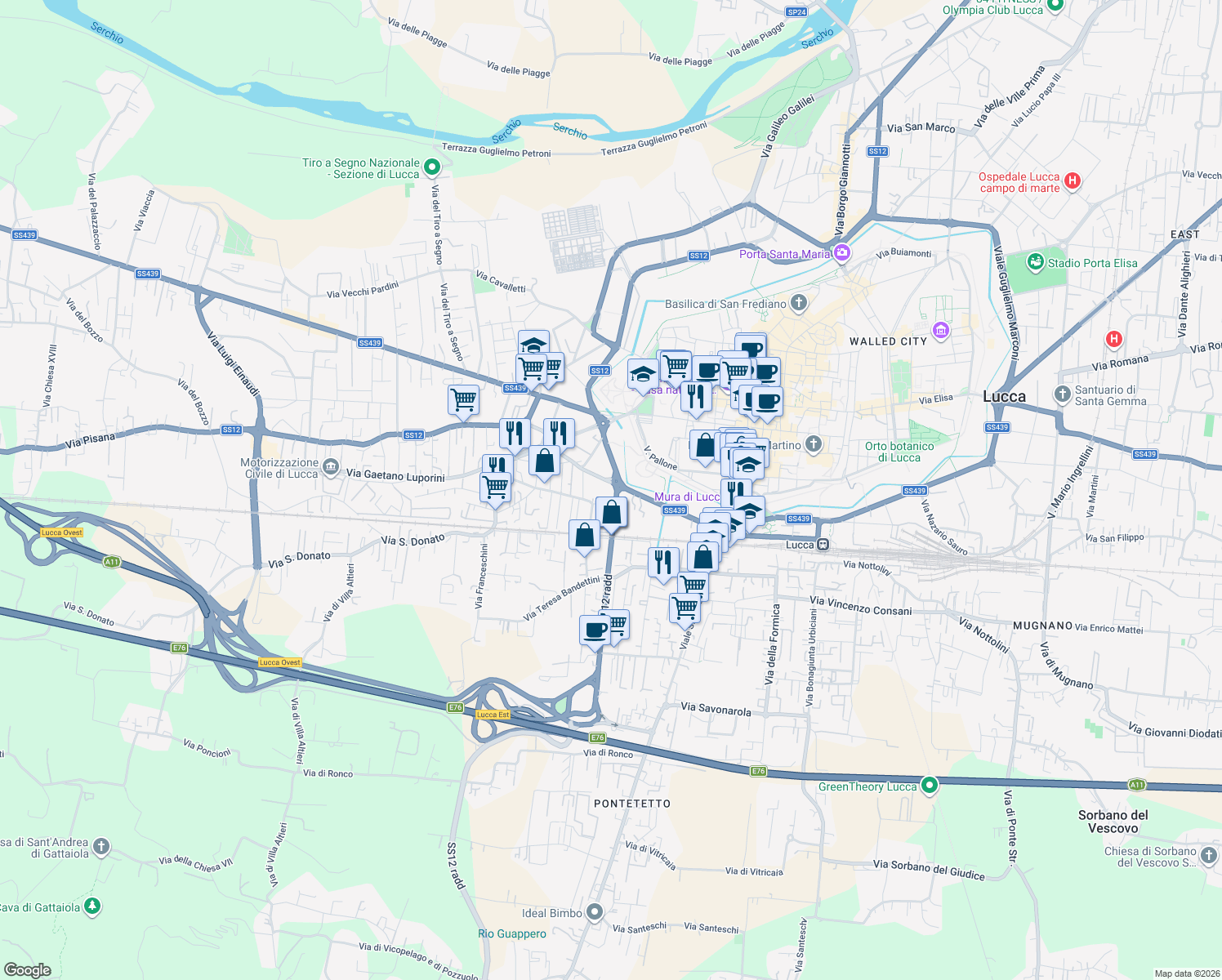 map of restaurants, bars, coffee shops, grocery stores, and more near in Lucca