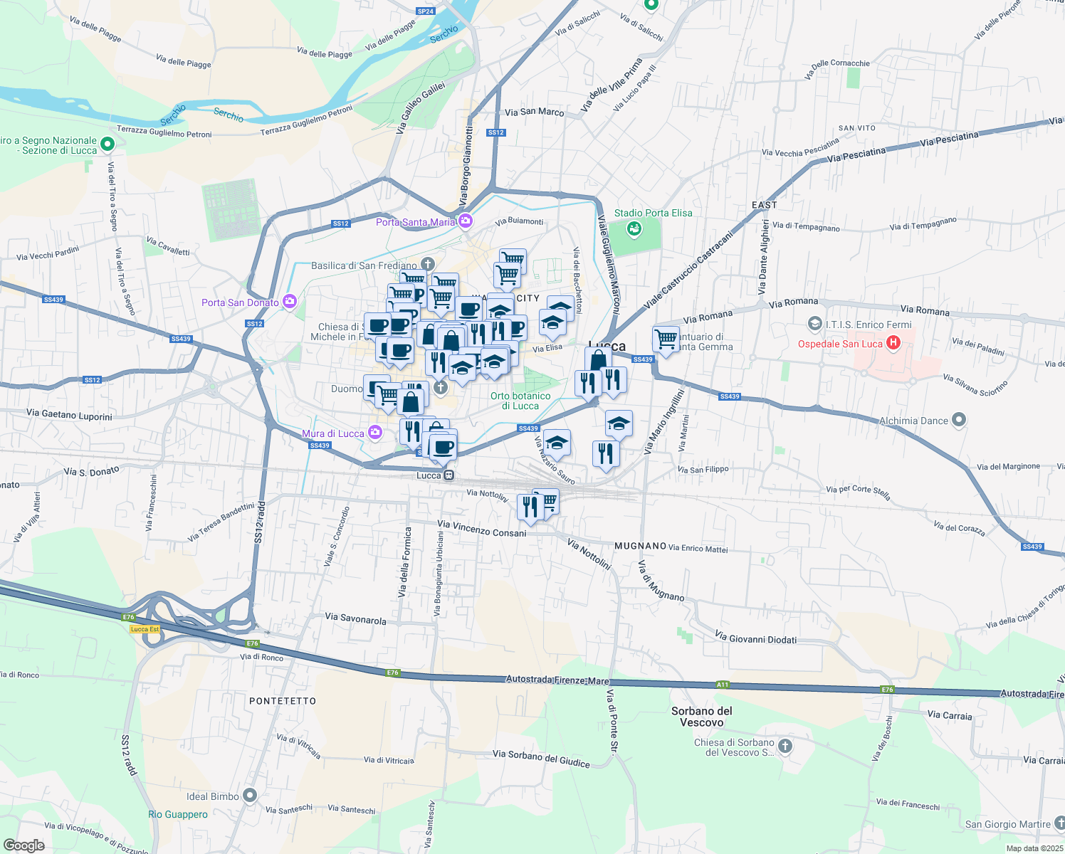 map of restaurants, bars, coffee shops, grocery stores, and more near 118 Via Nazario Sauro in Lucca