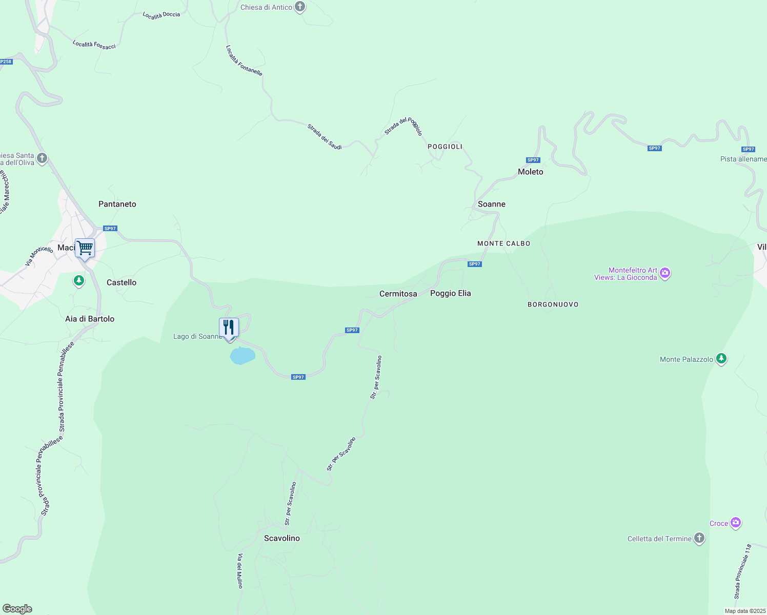 map of restaurants, bars, coffee shops, grocery stores, and more near 7 Strada per Soanne in Provincia di Rimini