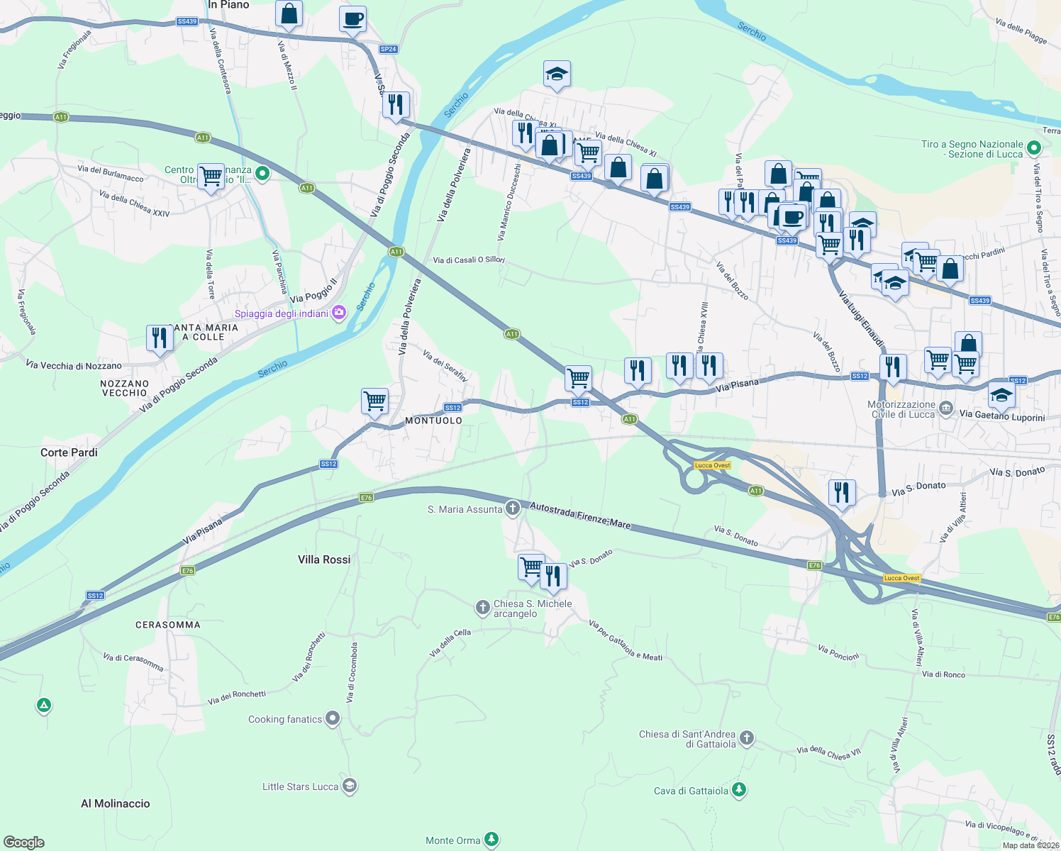 map of restaurants, bars, coffee shops, grocery stores, and more near 4058/D Via di S.Donato in Lucca