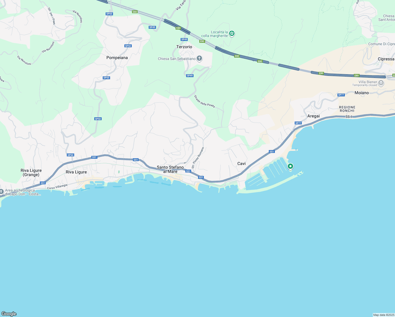 map of restaurants, bars, coffee shops, grocery stores, and more near 13 Strada Ponte Romano in Santo Stefano al Mare