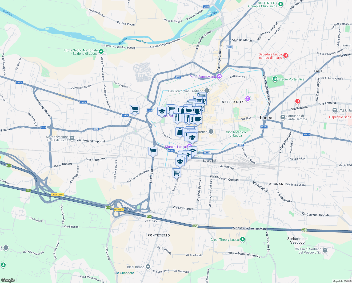 map of restaurants, bars, coffee shops, grocery stores, and more near 38 Via della Cittadella in Lucca