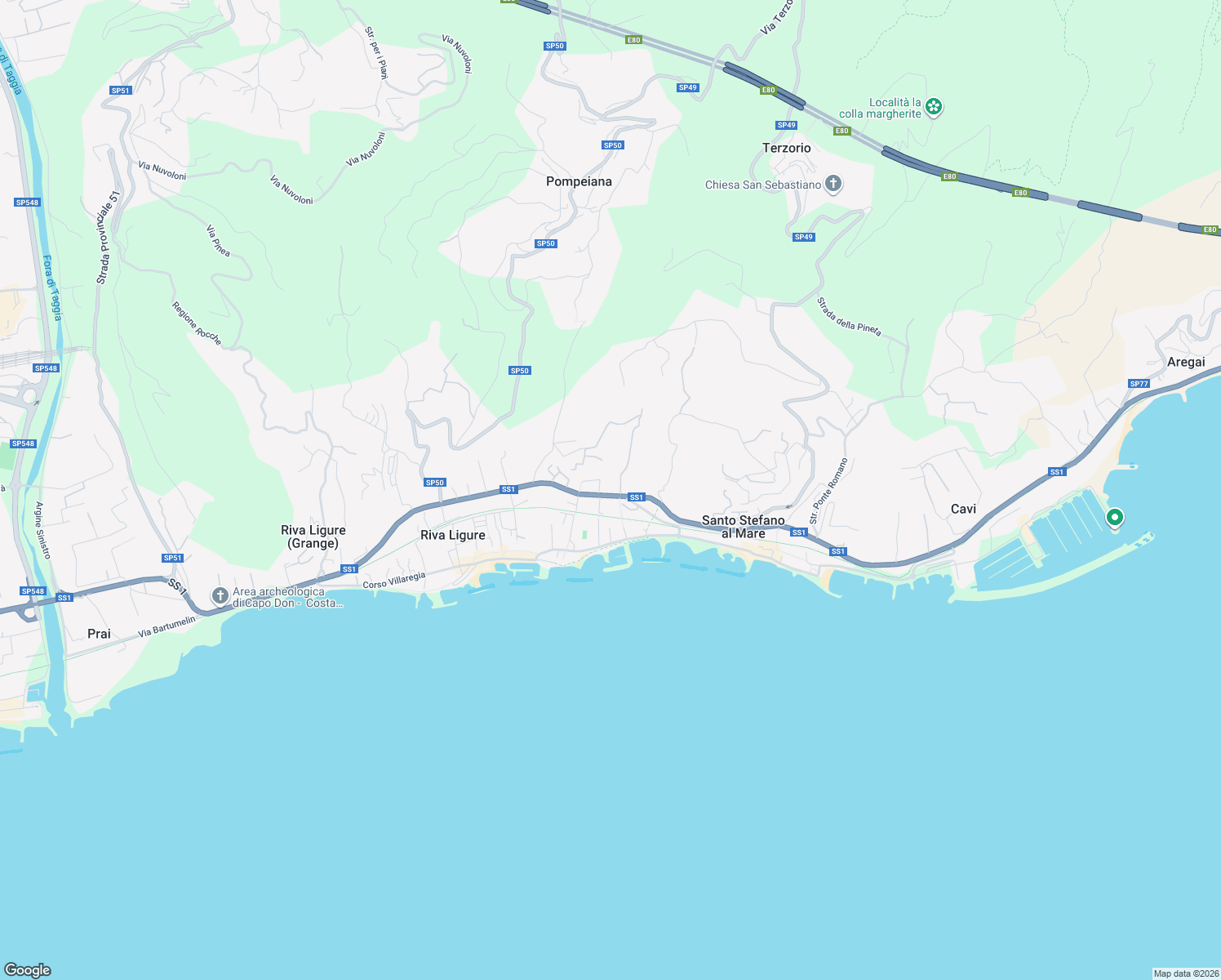 map of restaurants, bars, coffee shops, grocery stores, and more near 5 Via Flavio Gioia in Santo Stefano al Mare