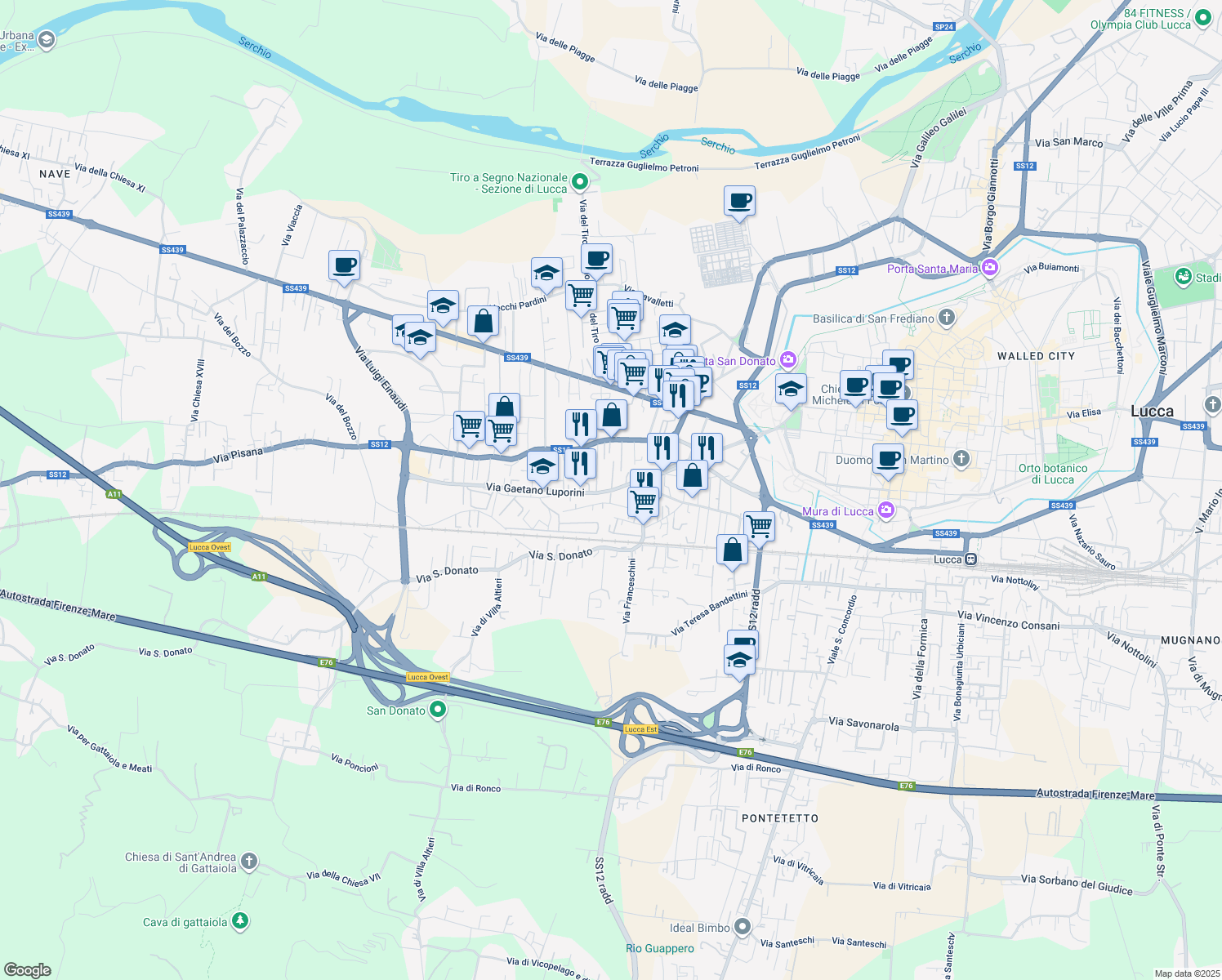 map of restaurants, bars, coffee shops, grocery stores, and more near 138 Via Cristoforo Malvezzi in Lucca