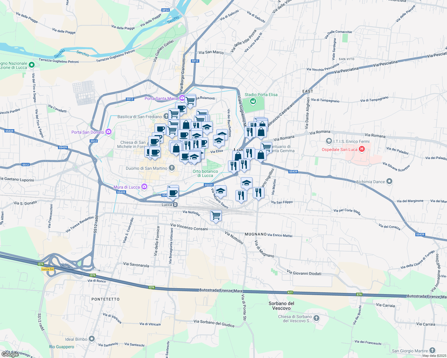 map of restaurants, bars, coffee shops, grocery stores, and more near in Lucca