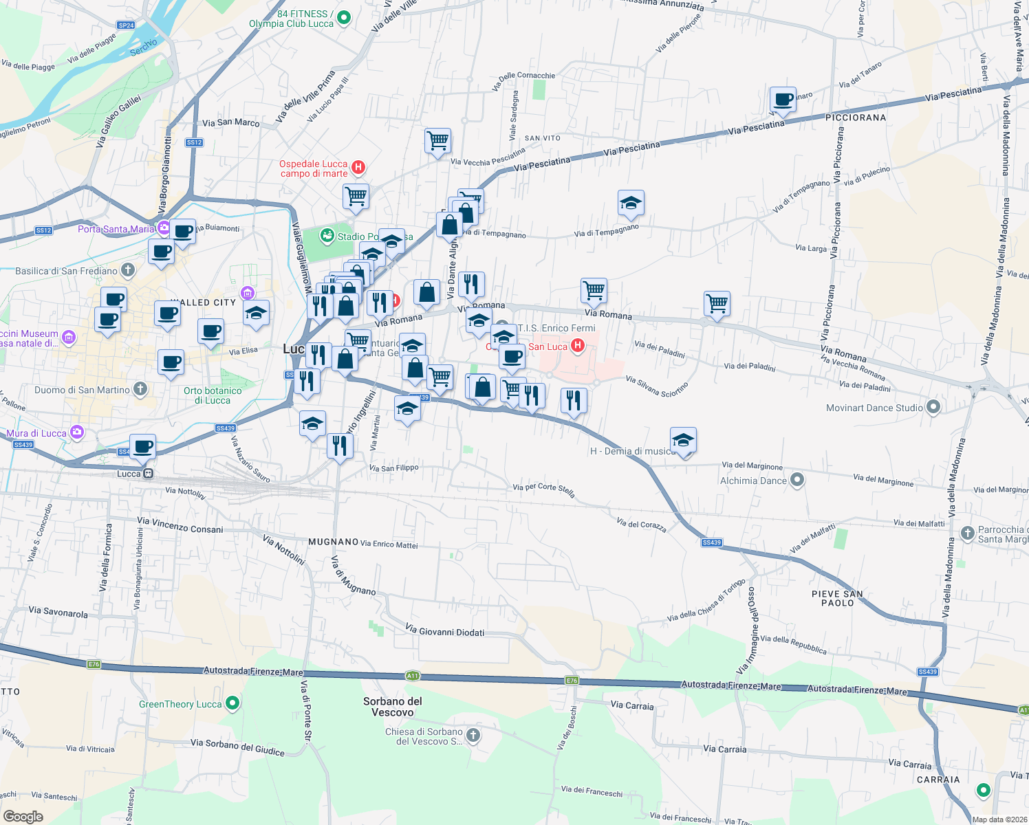 map of restaurants, bars, coffee shops, grocery stores, and more near in Lucca