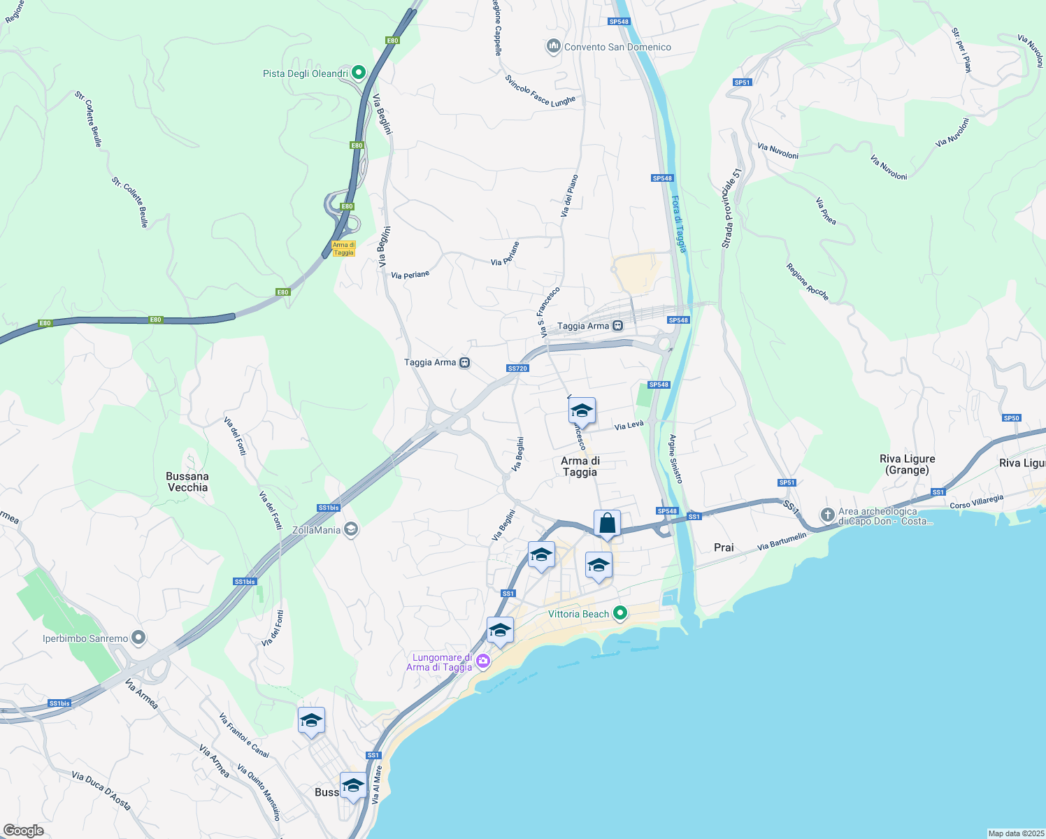 map of restaurants, bars, coffee shops, grocery stores, and more near 174 Via Beglini in Arma di Taggia