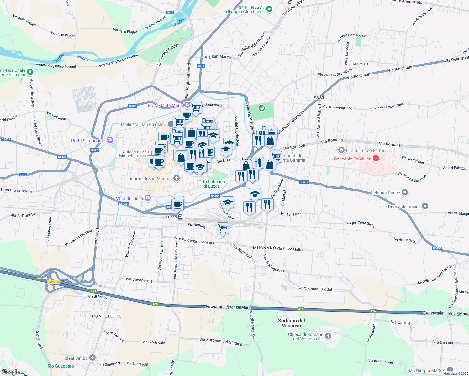 map of restaurants, bars, coffee shops, grocery stores, and more near in Lucca