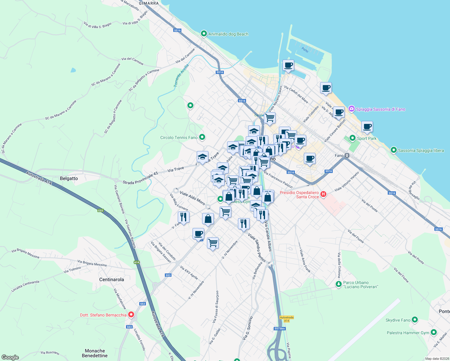 map of restaurants, bars, coffee shops, grocery stores, and more near 4 Via Liguria in Fano