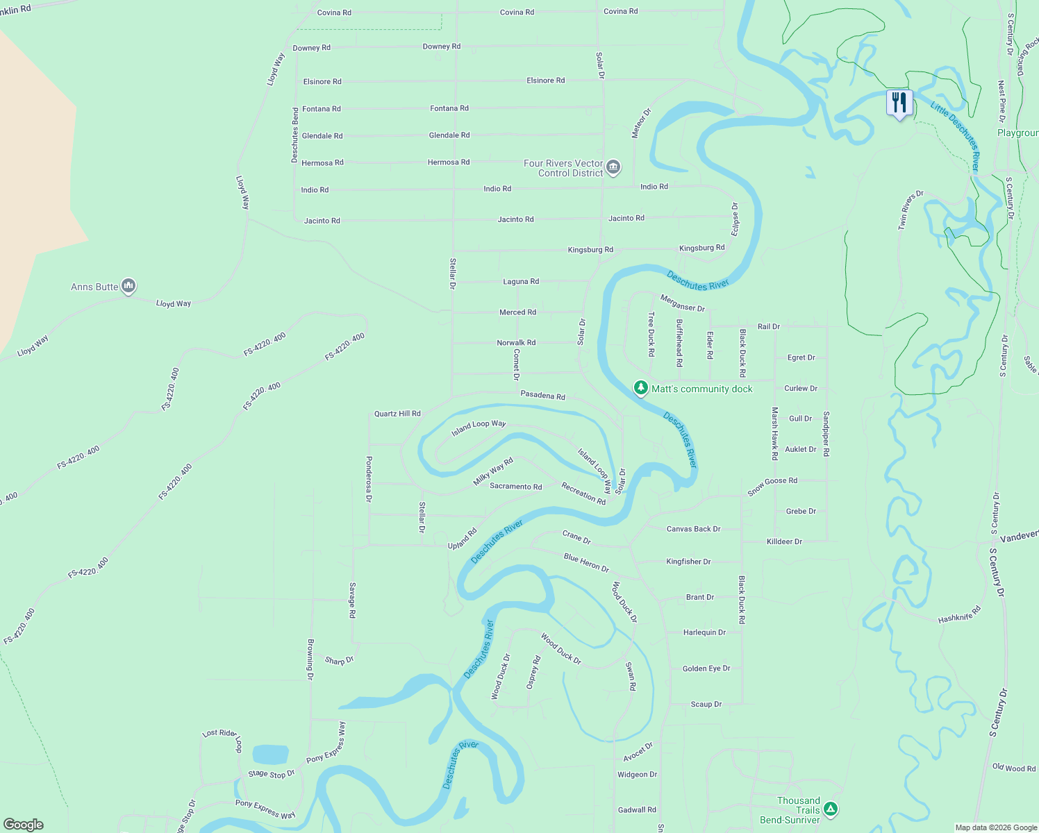 map of restaurants, bars, coffee shops, grocery stores, and more near 17102 Island Loop Way in Bend
