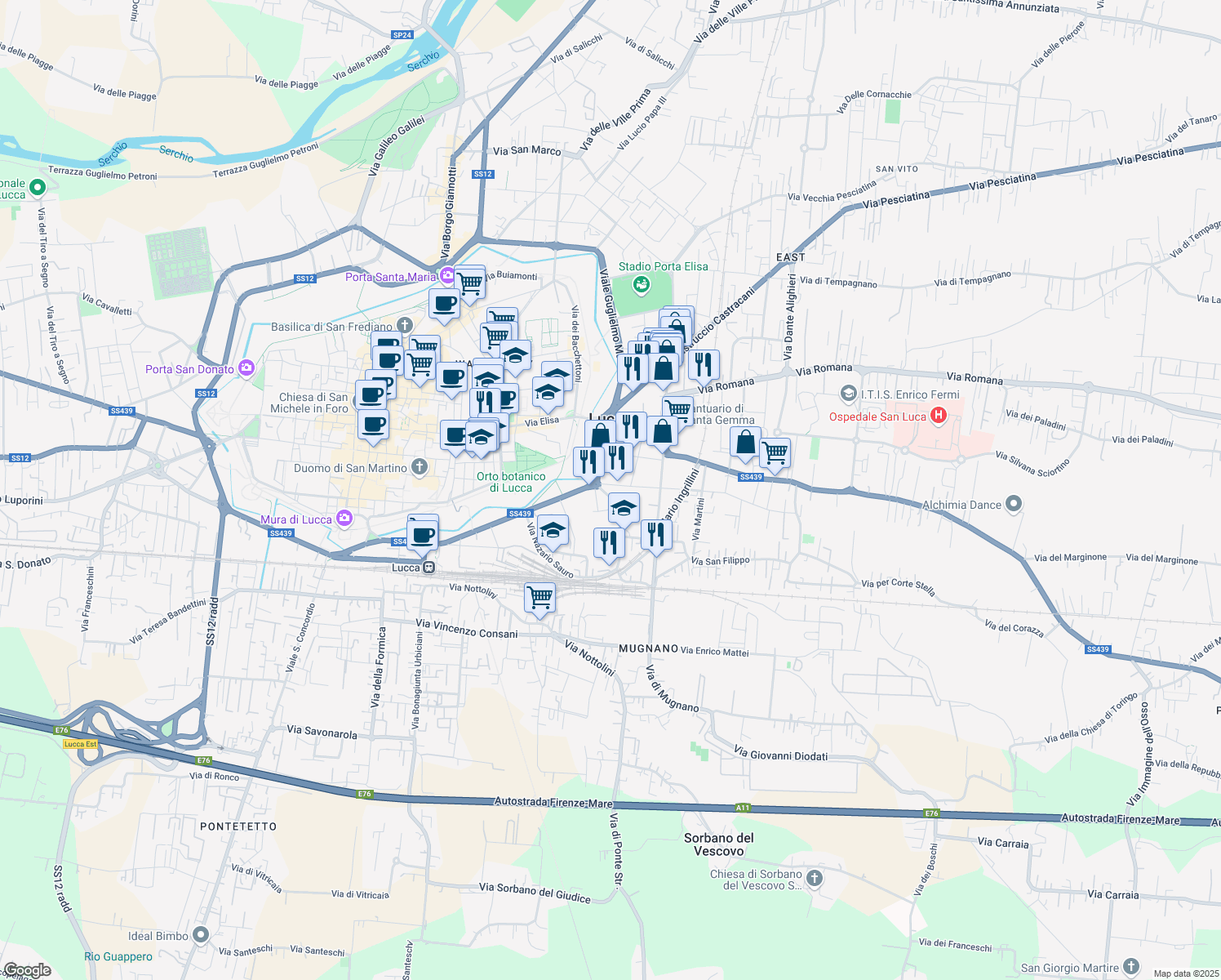 map of restaurants, bars, coffee shops, grocery stores, and more near 37 Via Antonio Cantore in Lucca