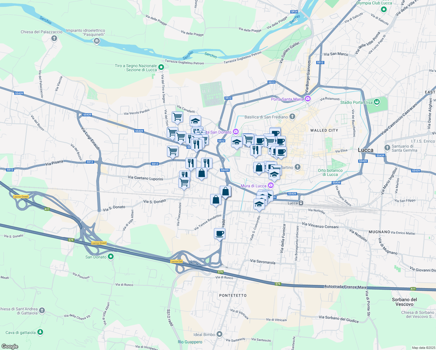 map of restaurants, bars, coffee shops, grocery stores, and more near 140 Viale Idelfonso Nieri in Lucca