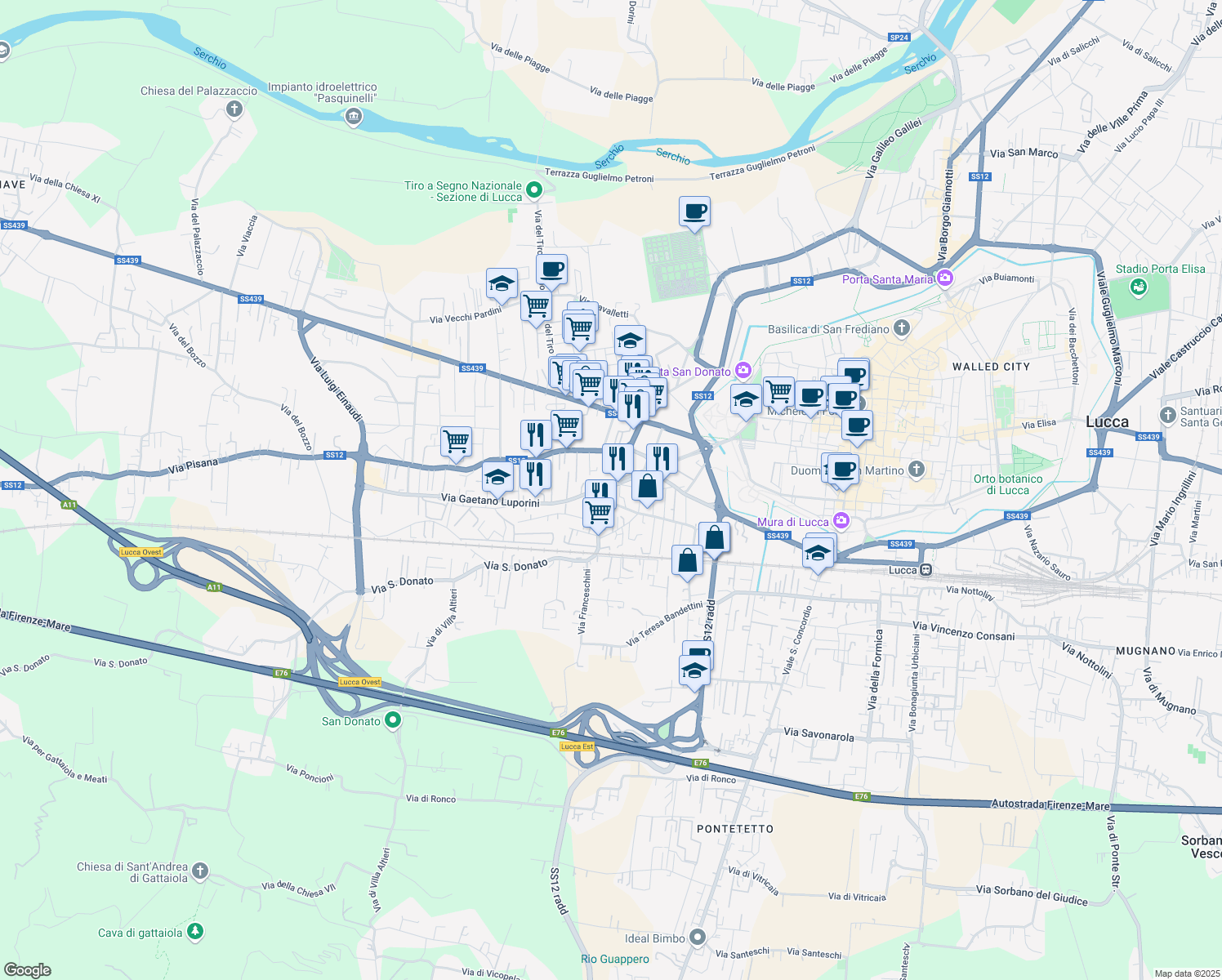 map of restaurants, bars, coffee shops, grocery stores, and more near 186 Via San Donato in Lucca