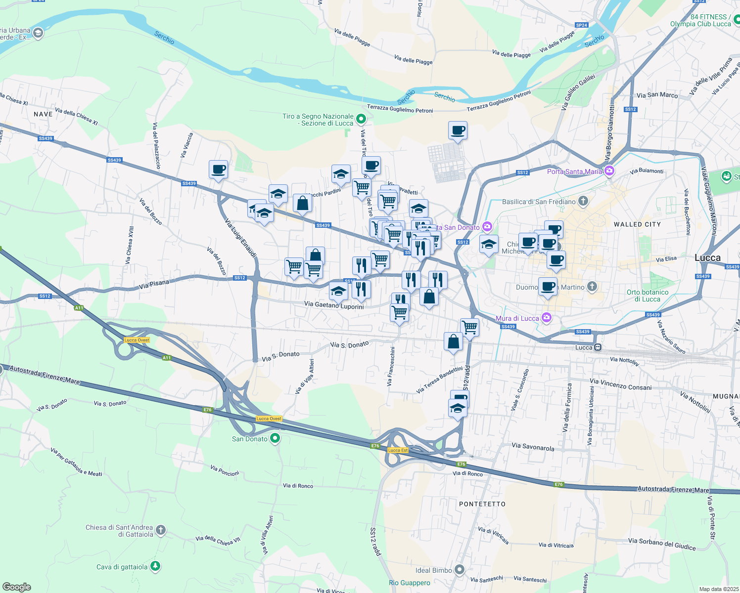 map of restaurants, bars, coffee shops, grocery stores, and more near 138 Via Cristoforo Malvezzi in Lucca