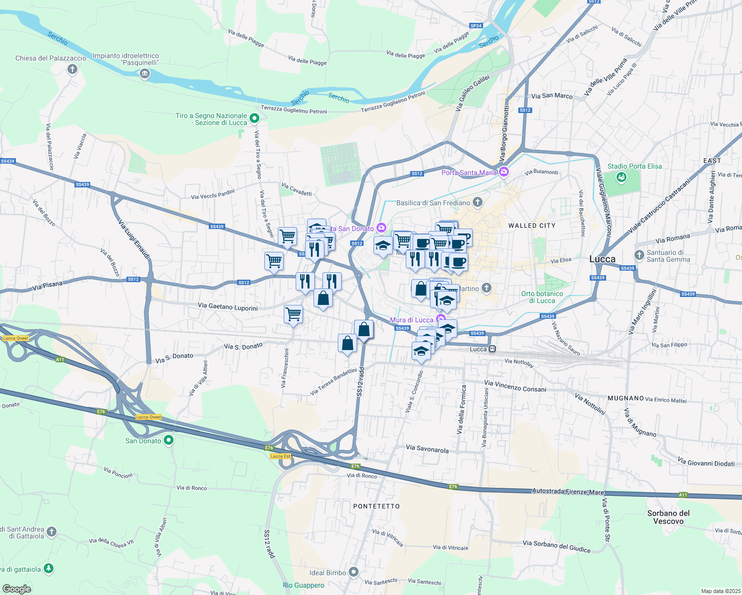 map of restaurants, bars, coffee shops, grocery stores, and more near 559 Viale Giosuè Carducci in Lucca