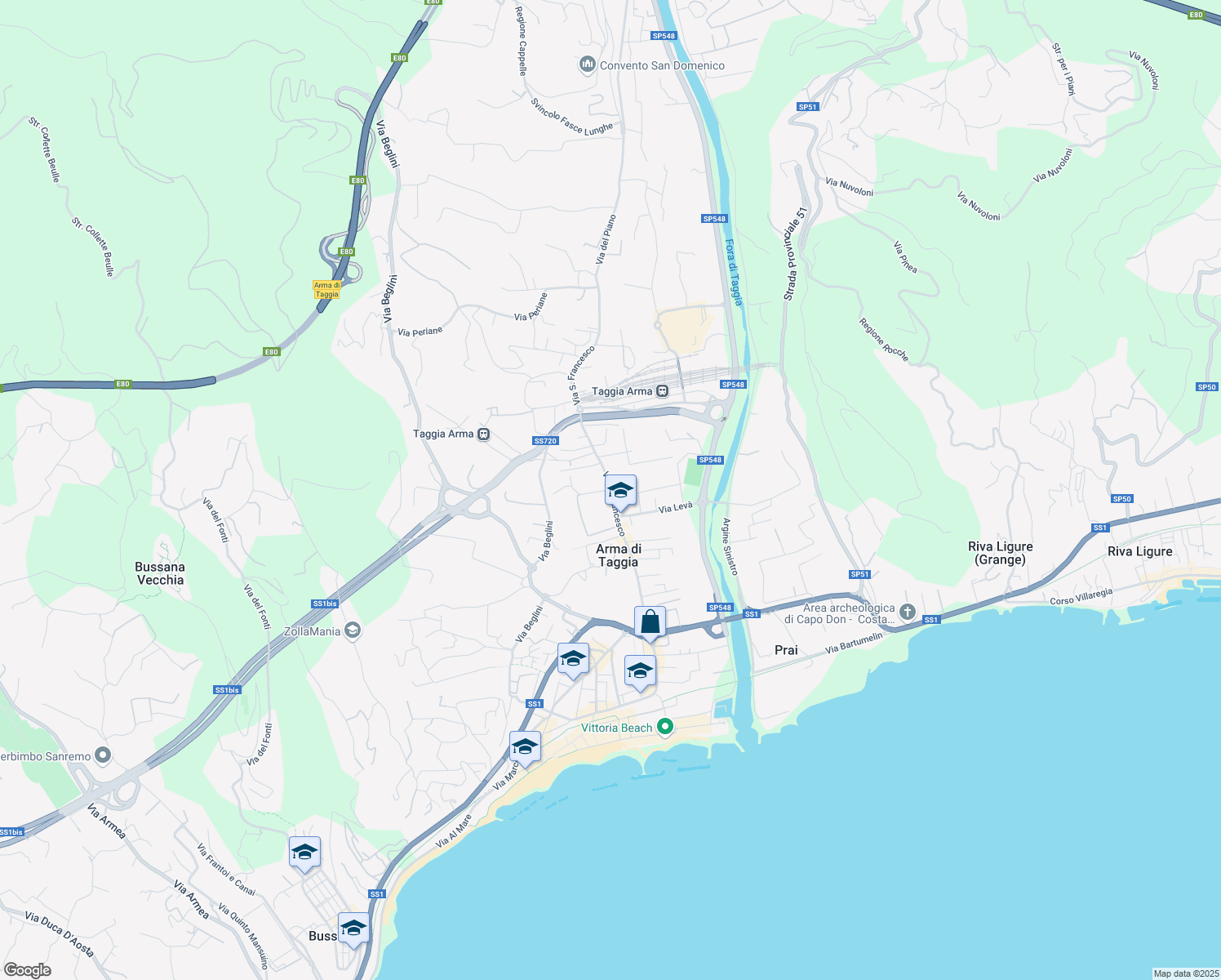 map of restaurants, bars, coffee shops, grocery stores, and more near 203 Via San Francesco in Taggia