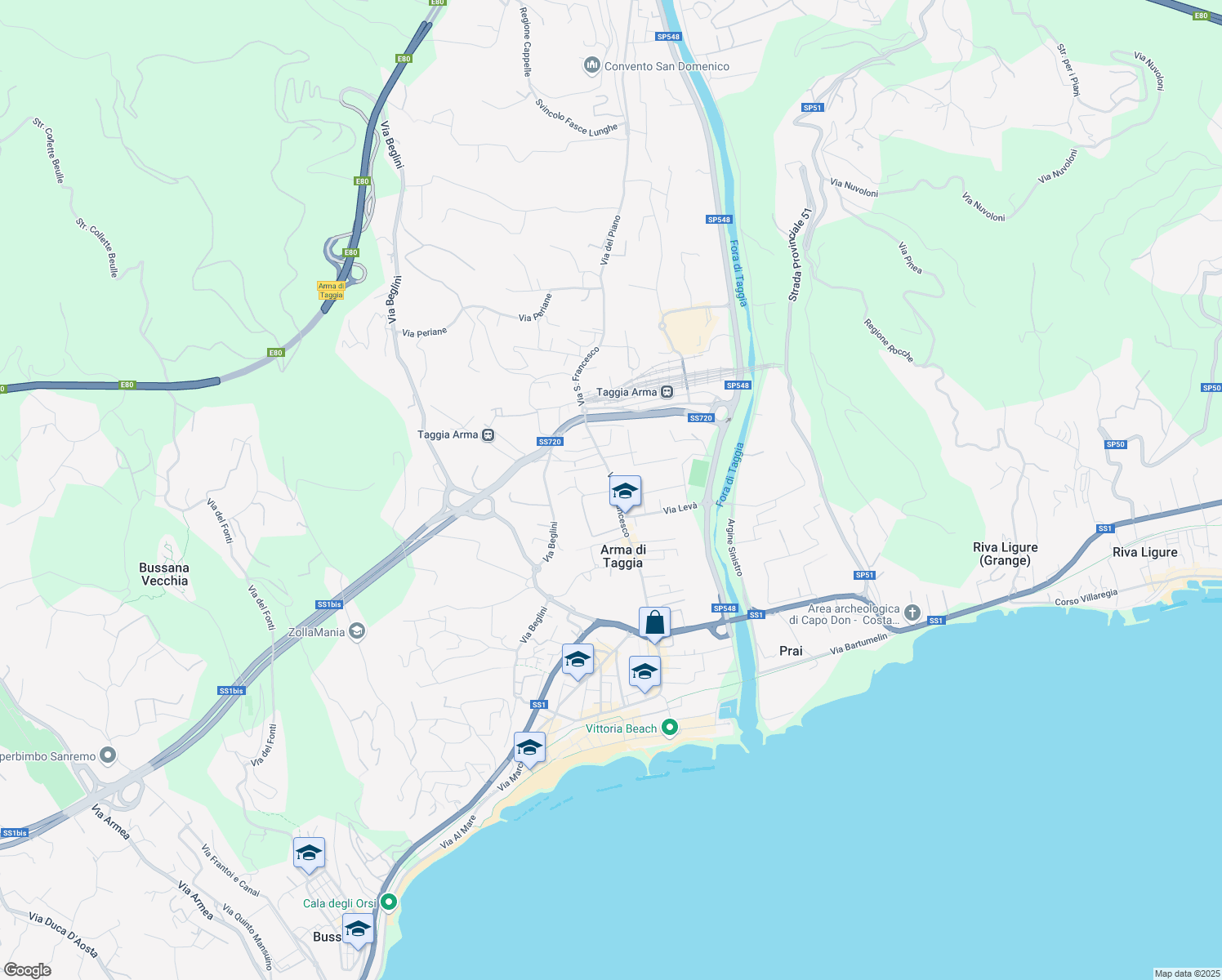 map of restaurants, bars, coffee shops, grocery stores, and more near 203 Via San Francesco in Taggia