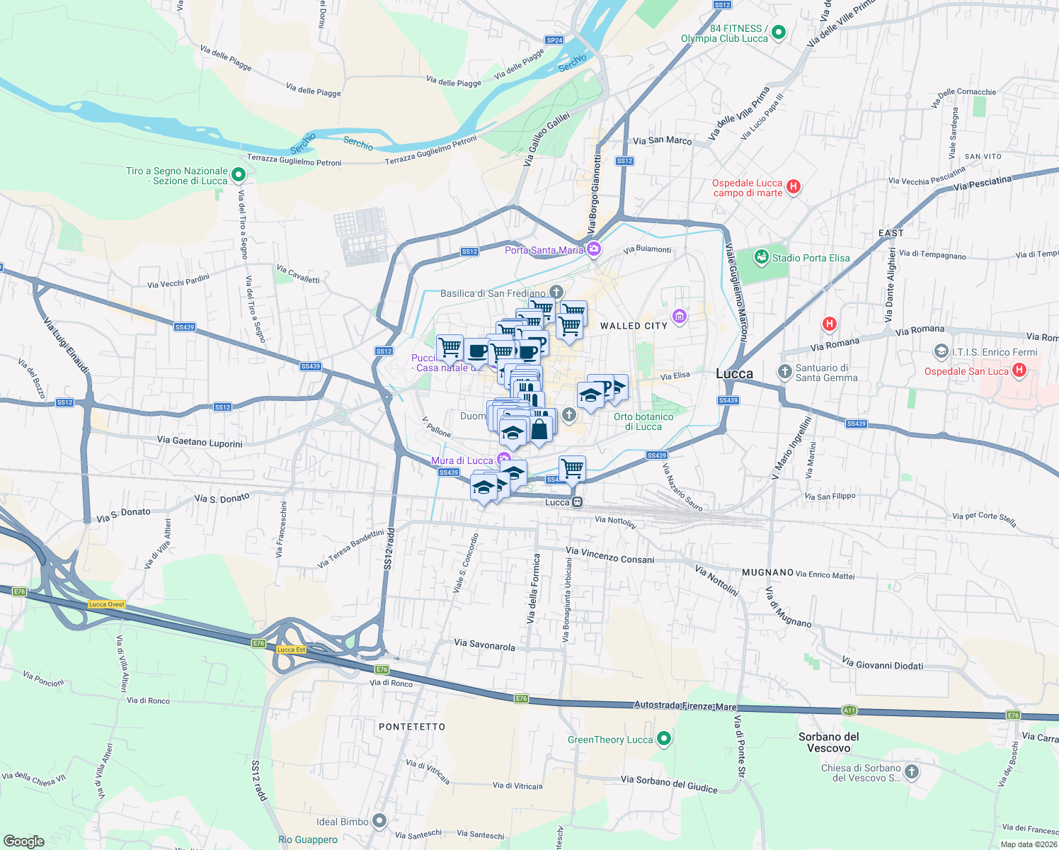 map of restaurants, bars, coffee shops, grocery stores, and more near 7 Via della Dogana in Lucca