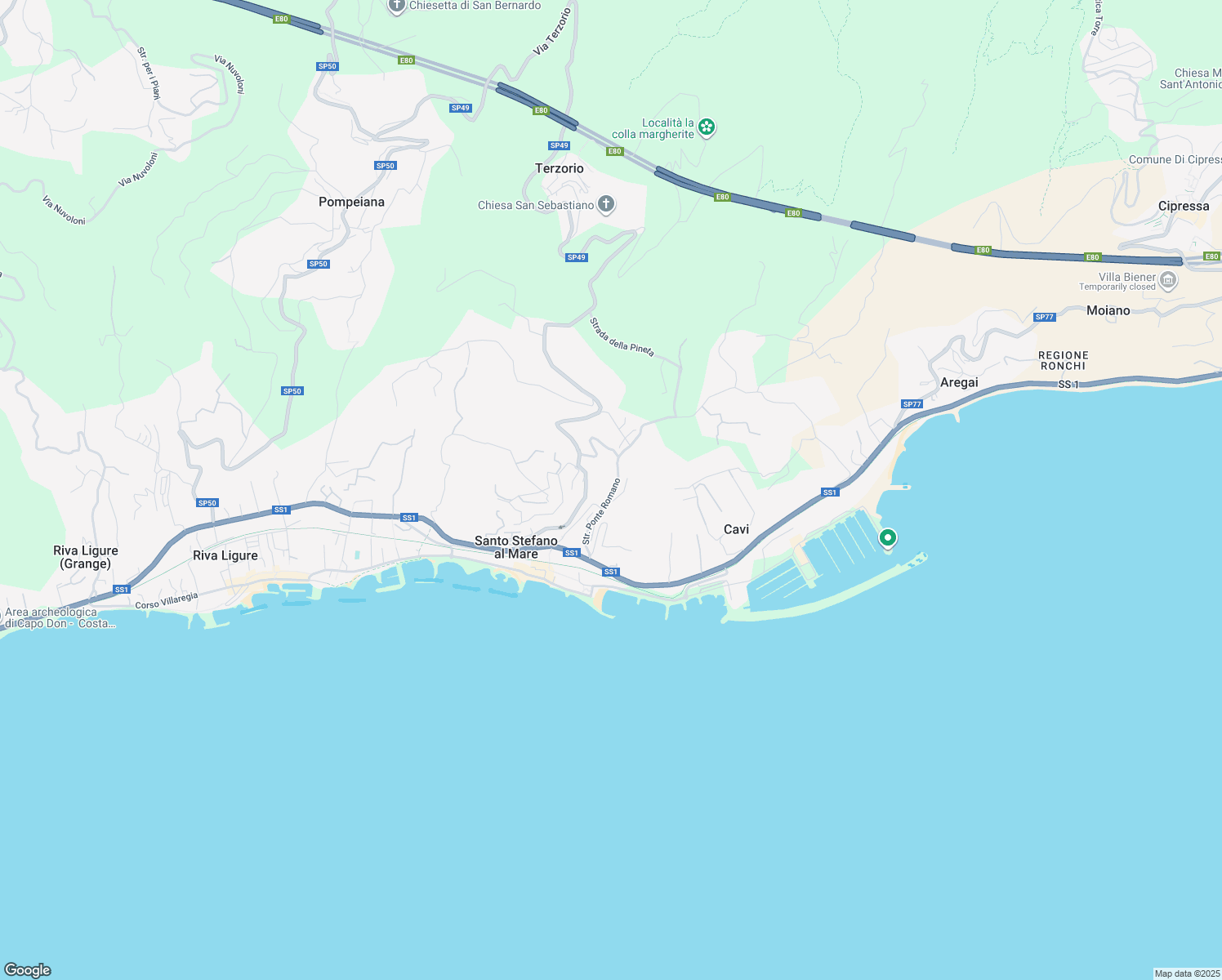 map of restaurants, bars, coffee shops, grocery stores, and more near 13 Strada Ponte Romano in Santo Stefano al Mare