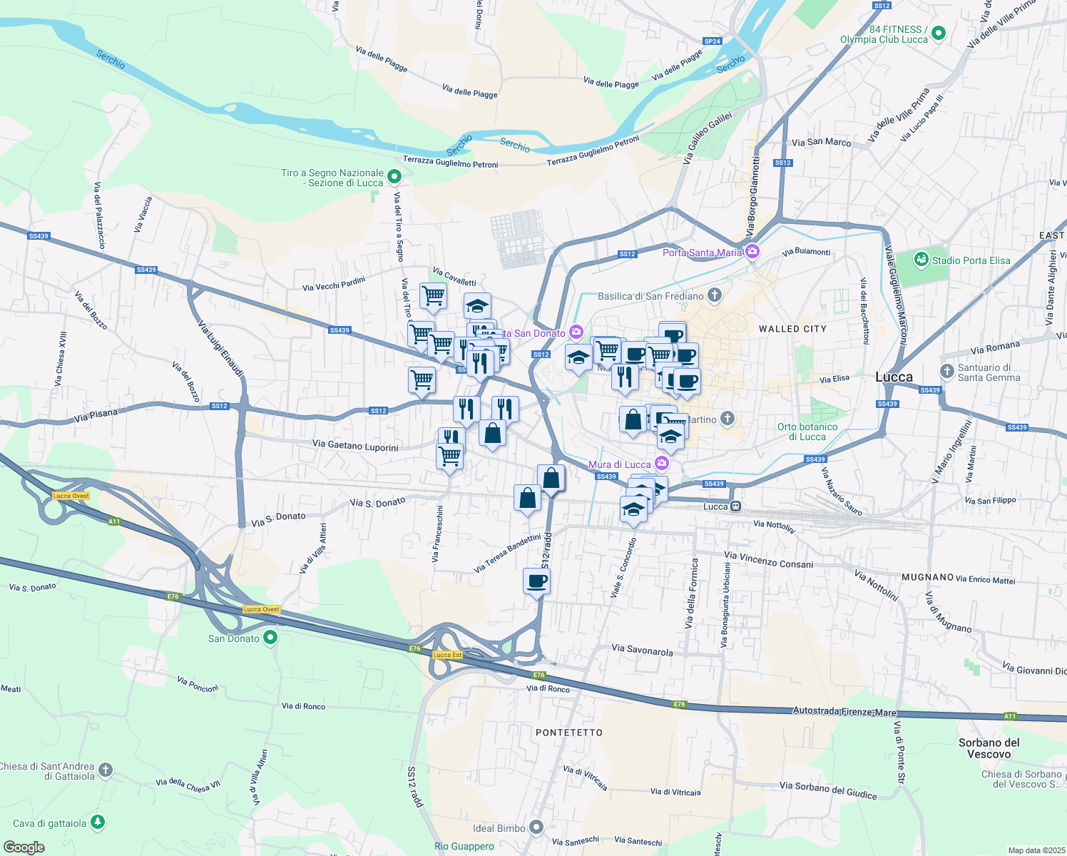 map of restaurants, bars, coffee shops, grocery stores, and more near Via Giovanni Pascoli in Lucca