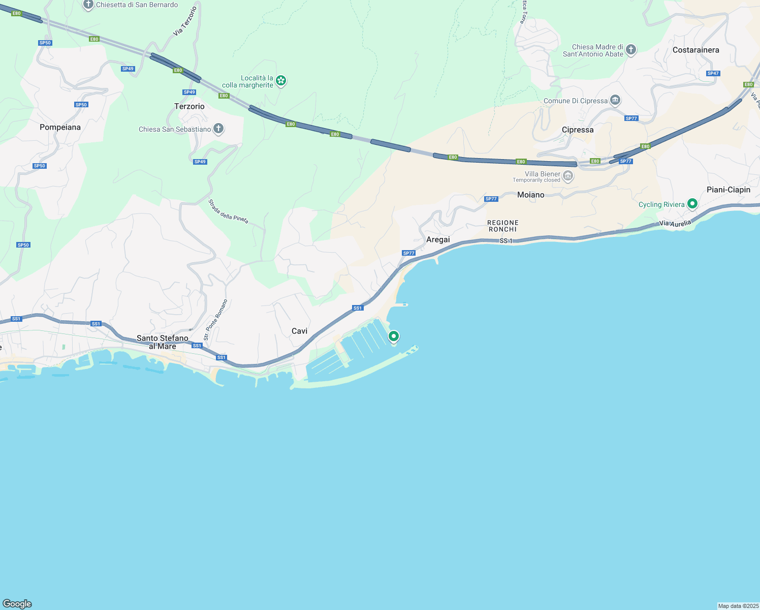 map of restaurants, bars, coffee shops, grocery stores, and more near 33 Pista Ciclabile del Parco Costiero della Riviera dei Fiori in Aregai