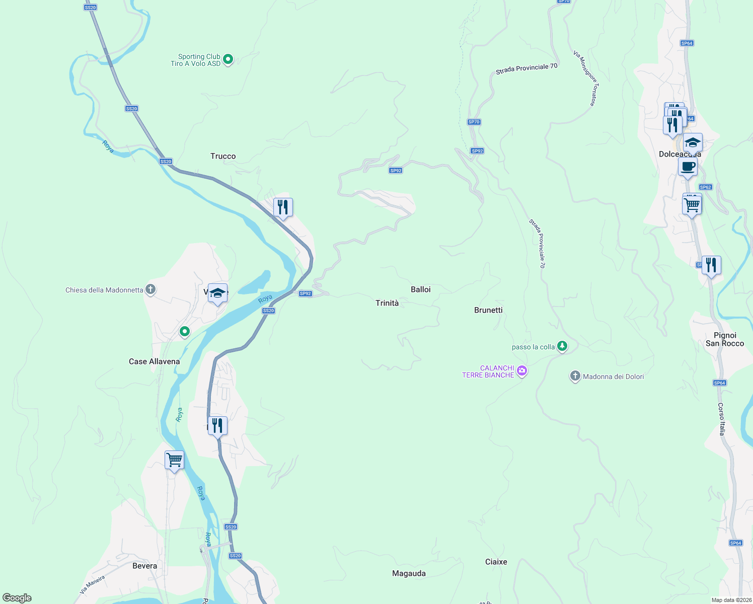 map of restaurants, bars, coffee shops, grocery stores, and more near 5 Frazione Trinità in Trinità