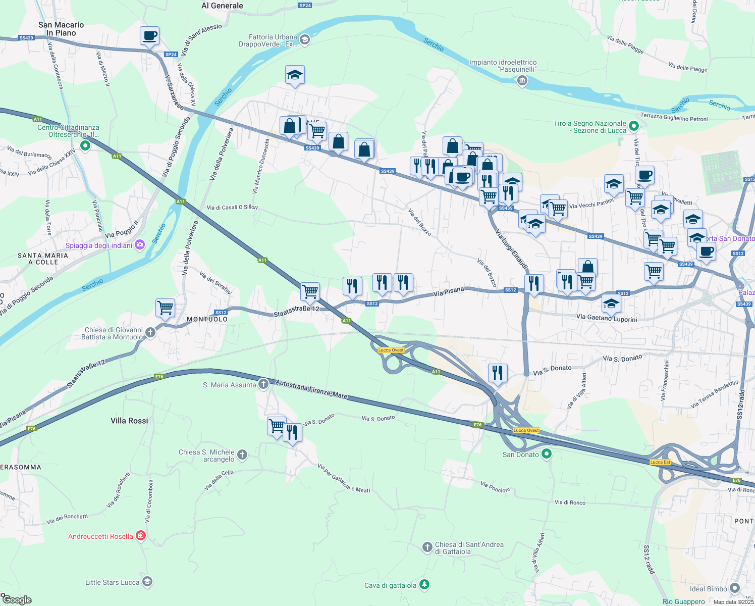 map of restaurants, bars, coffee shops, grocery stores, and more near 2414 Via Pisana in Lucca
