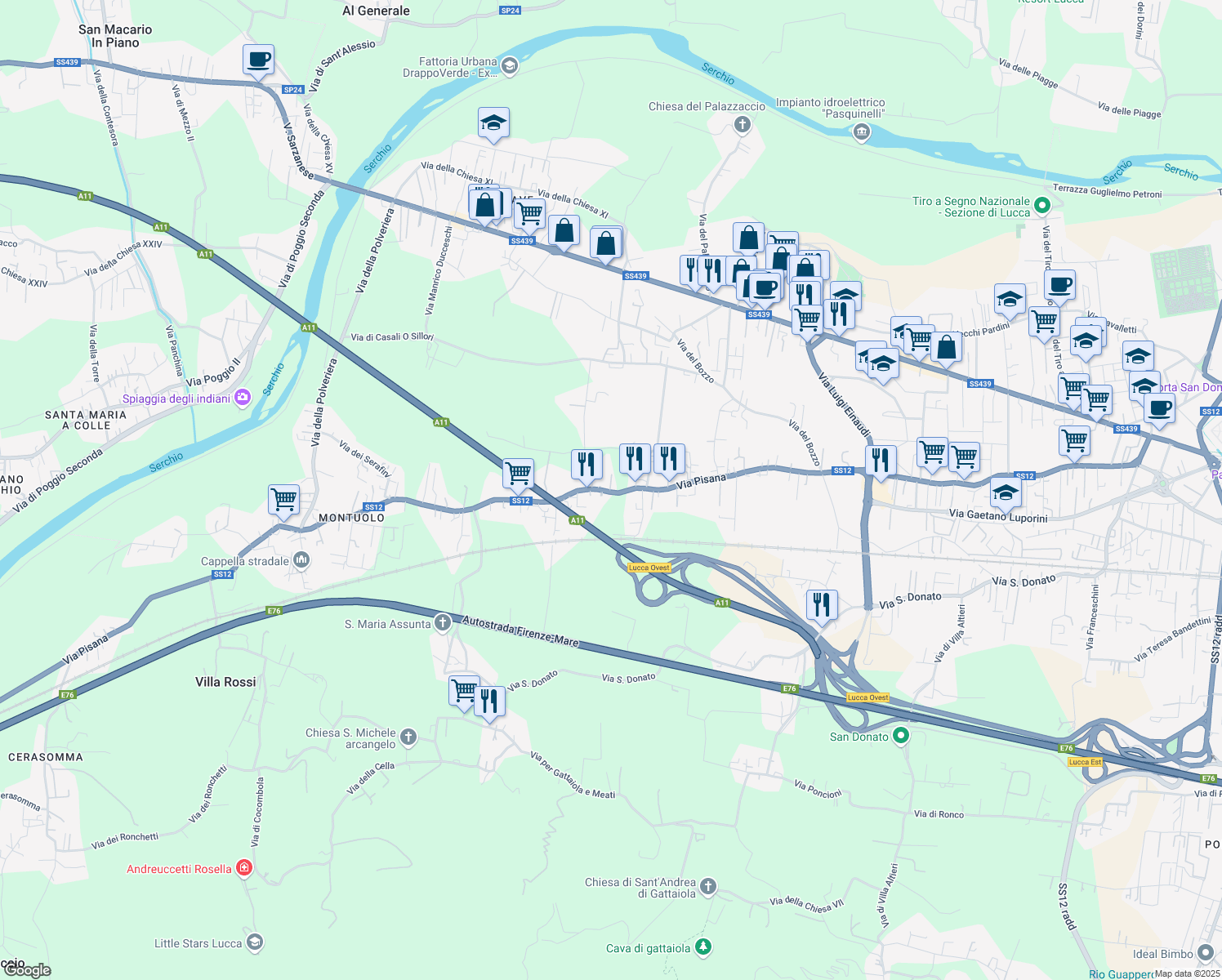 map of restaurants, bars, coffee shops, grocery stores, and more near 2414 Via Pisana in Lucca