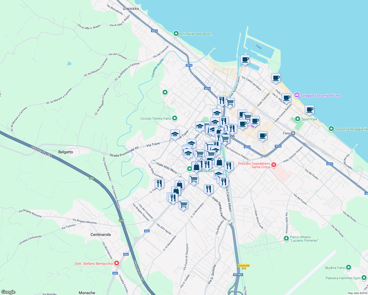 map of restaurants, bars, coffee shops, grocery stores, and more near 4 Via Liguria in Fano