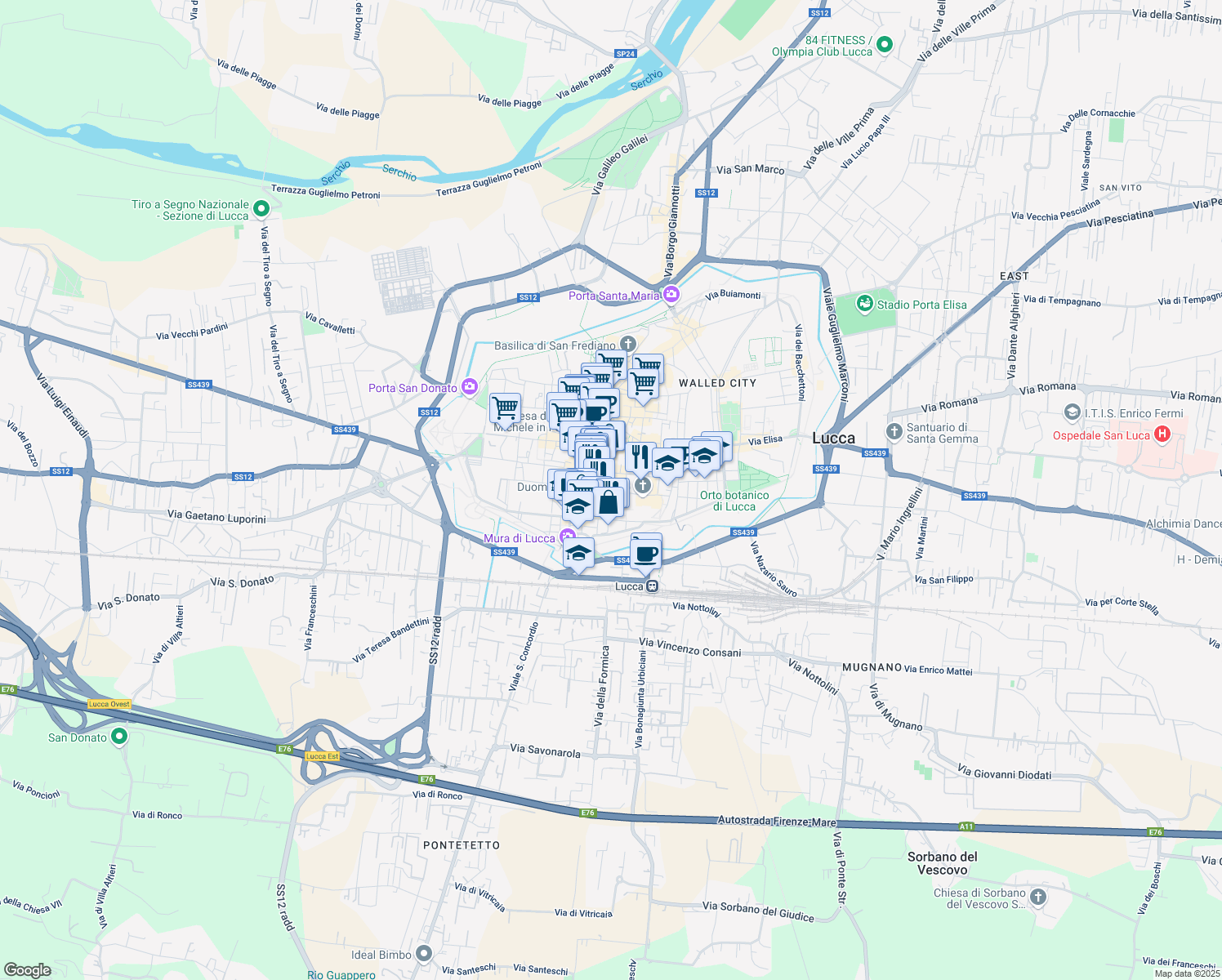 map of restaurants, bars, coffee shops, grocery stores, and more near 123 Corso Giuseppe Garibaldi in Lucca