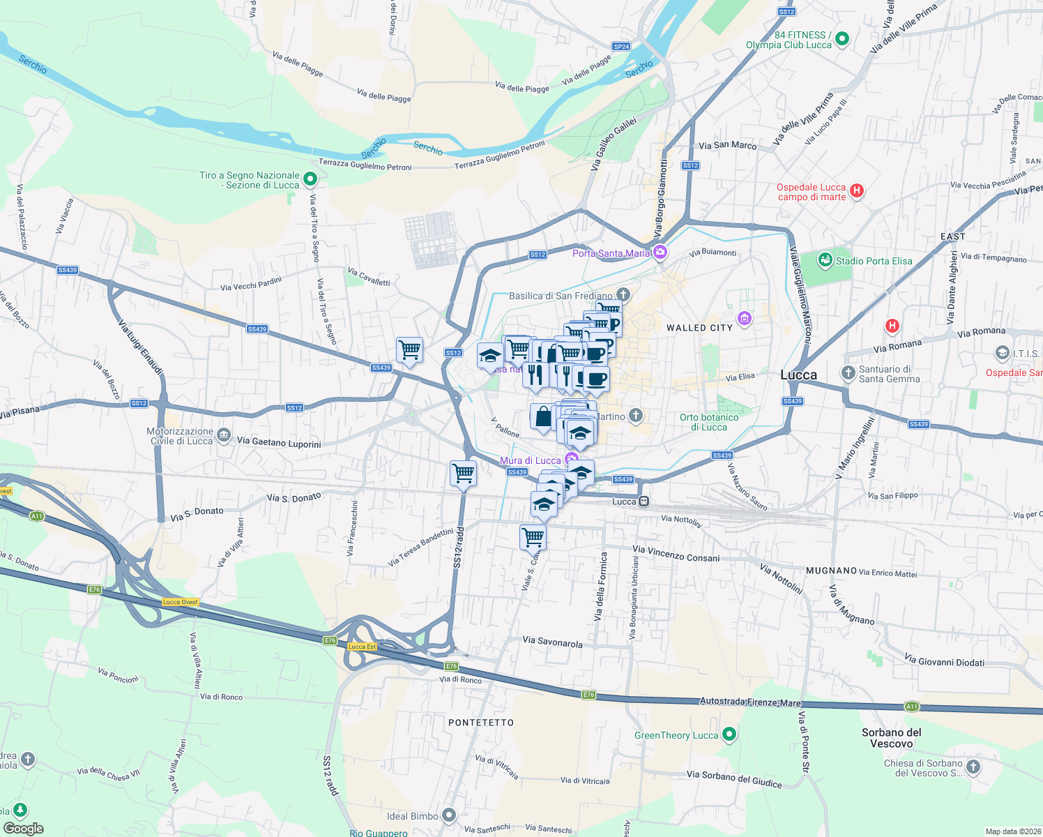 map of restaurants, bars, coffee shops, grocery stores, and more near 38 Via della Cittadella in Lucca