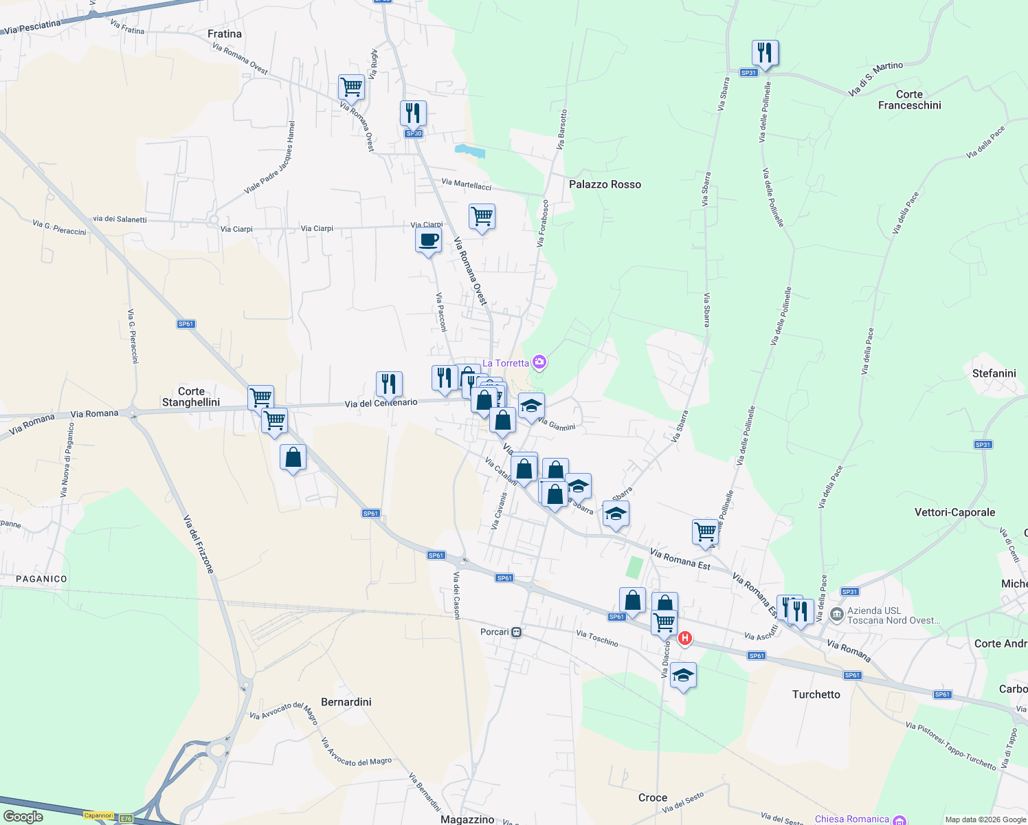 map of restaurants, bars, coffee shops, grocery stores, and more near 20 Vicolo Toschi in Porcari