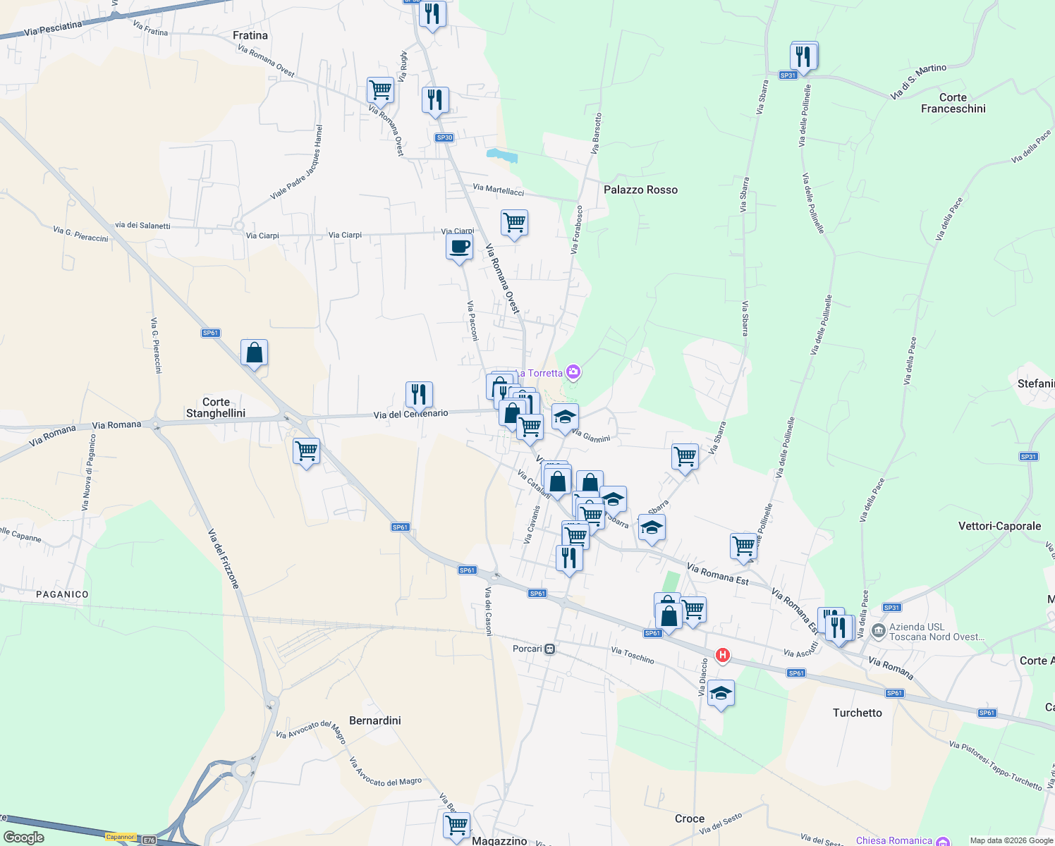 map of restaurants, bars, coffee shops, grocery stores, and more near 20 Vicolo Toschi in Porcari