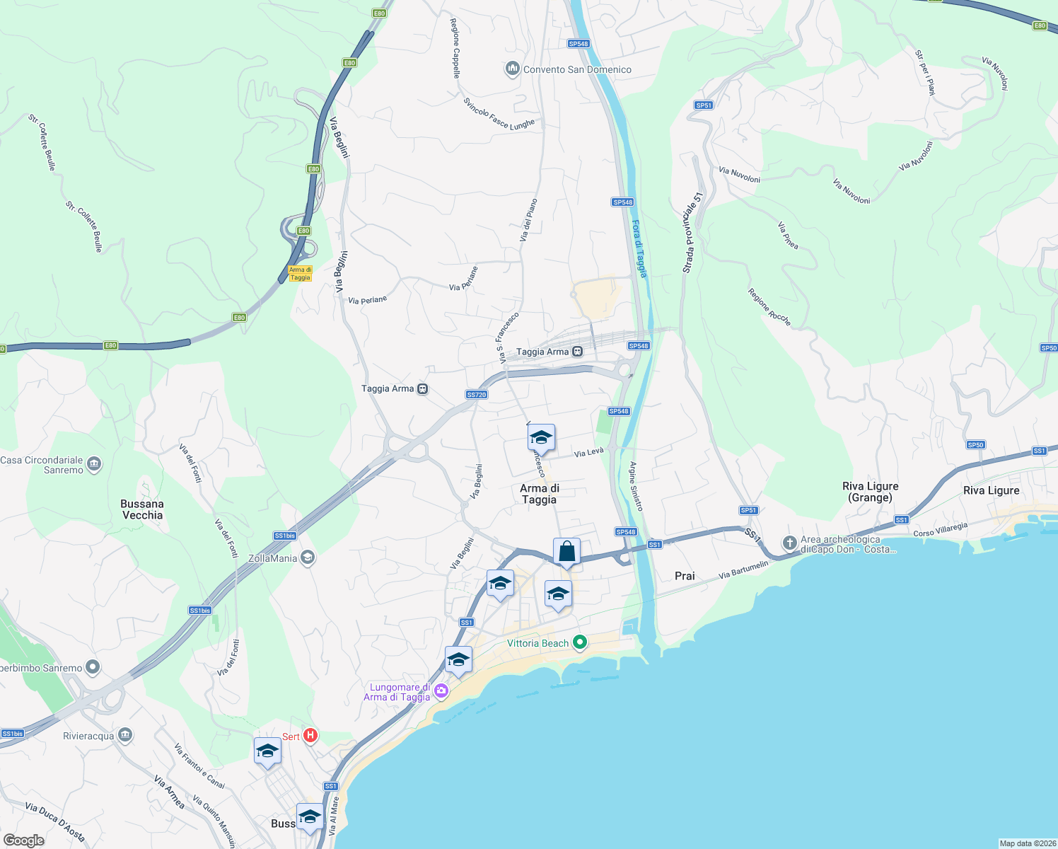 map of restaurants, bars, coffee shops, grocery stores, and more near 203 Via San Francesco in Taggia