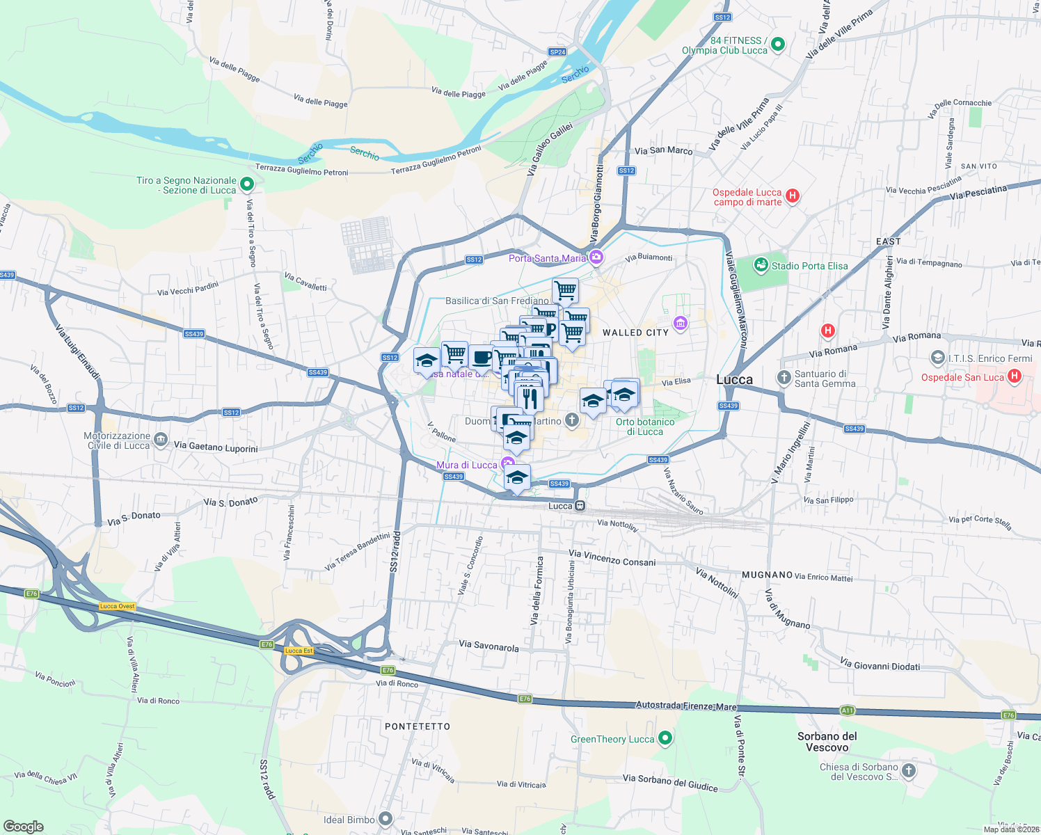 map of restaurants, bars, coffee shops, grocery stores, and more near 18 Via Roma in Lucca