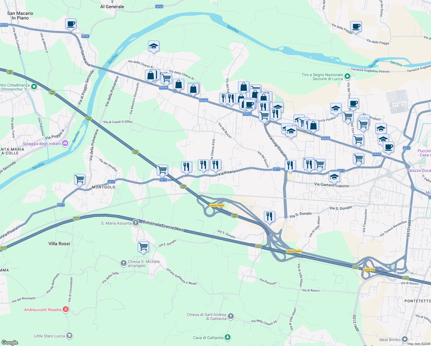 map of restaurants, bars, coffee shops, grocery stores, and more near 88 Via Chiesa XVIII in Lucca