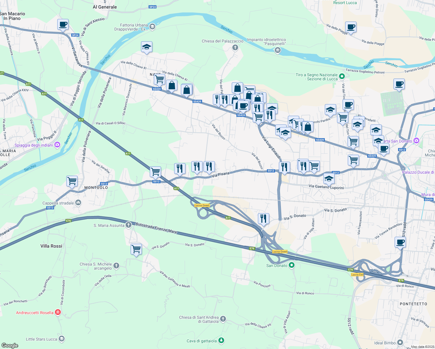 map of restaurants, bars, coffee shops, grocery stores, and more near 69 Via Corte Puccinelli in Lucca