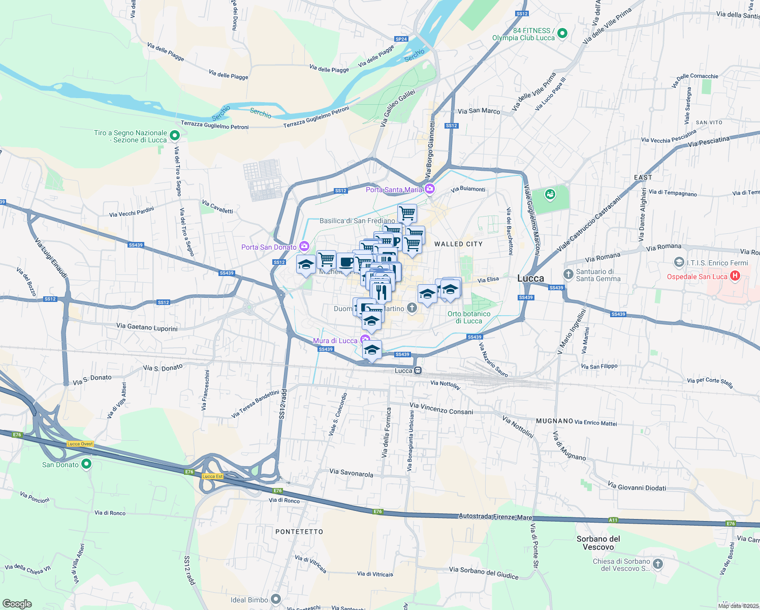 map of restaurants, bars, coffee shops, grocery stores, and more near 18 Via Roma in Lucca